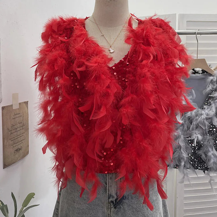 Autumn Winter New Fashion Design Heavy Industry Feather Shiny Sequin Patchwork Velvet Vest Women's Short Top 11A07916 Red One Size