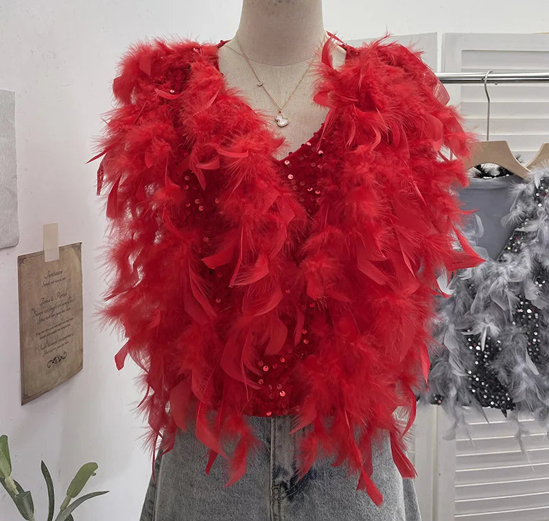 Autumn Winter New Fashion Design Heavy Industry Feather Shiny Sequin Patchwork Velvet Vest Women's Short Top 11A07916 Red One Size