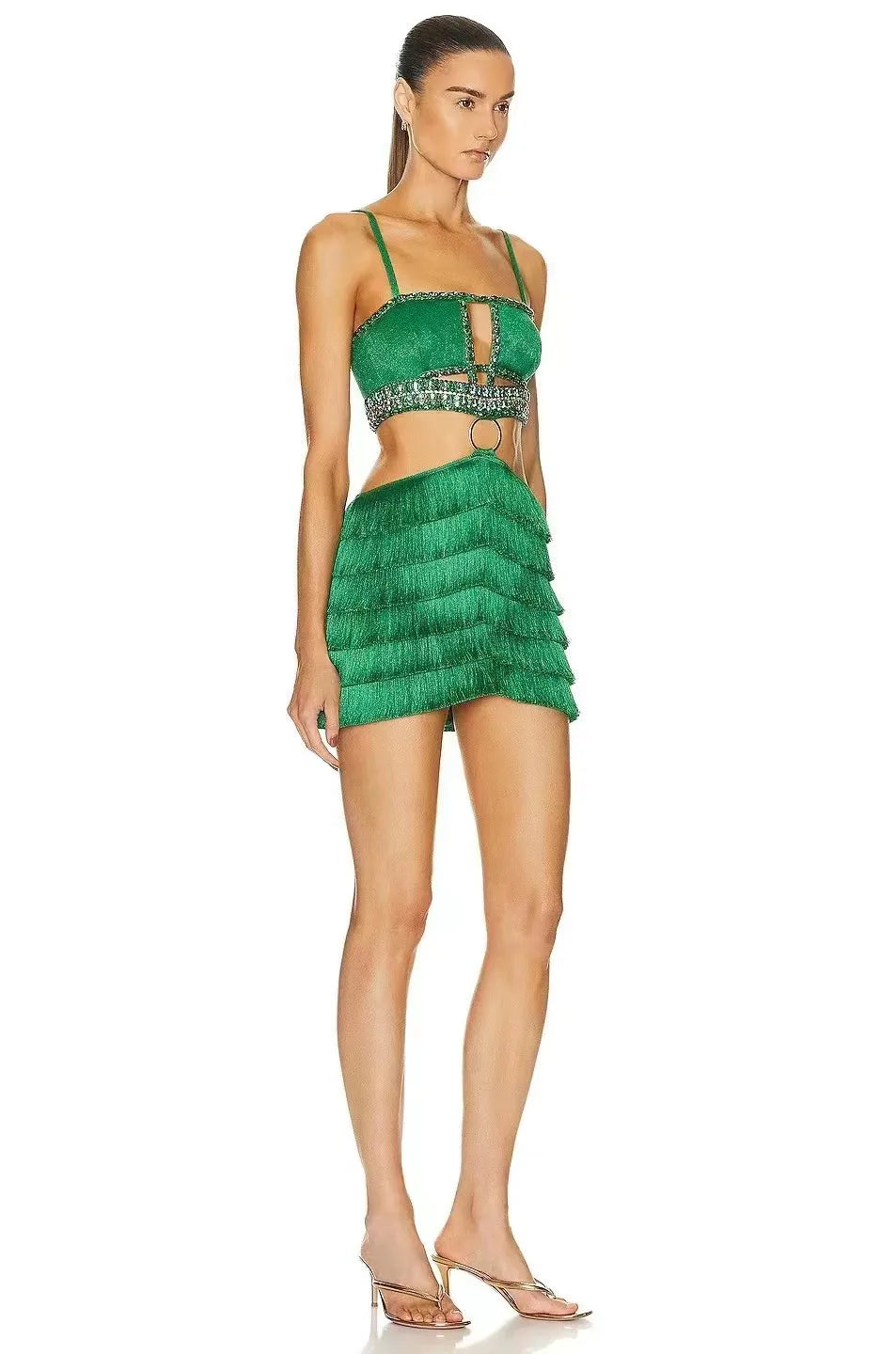2024 New Green Color Women Sexy Strap Bodycon Mini Bandage Dress Tassels Shinning Crystal Nightclub Party Celebrate Dress
