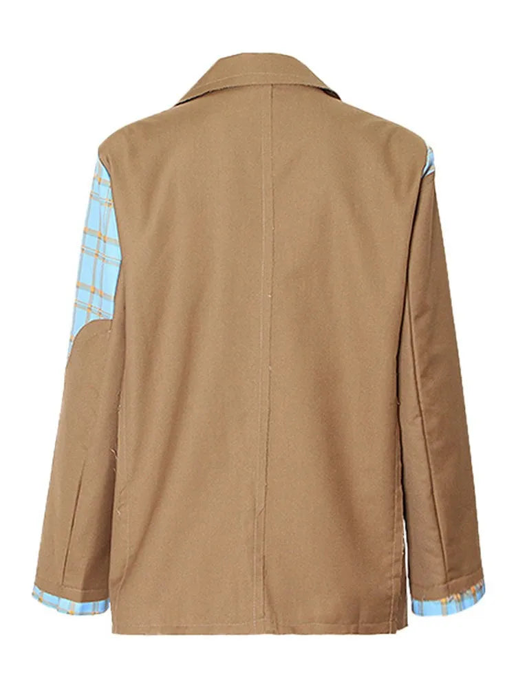 Colorblock Spliced Denim Blazers For Women Notched Collar Long Sleeve Patchwork Chain Chic Blazer Female Clothing