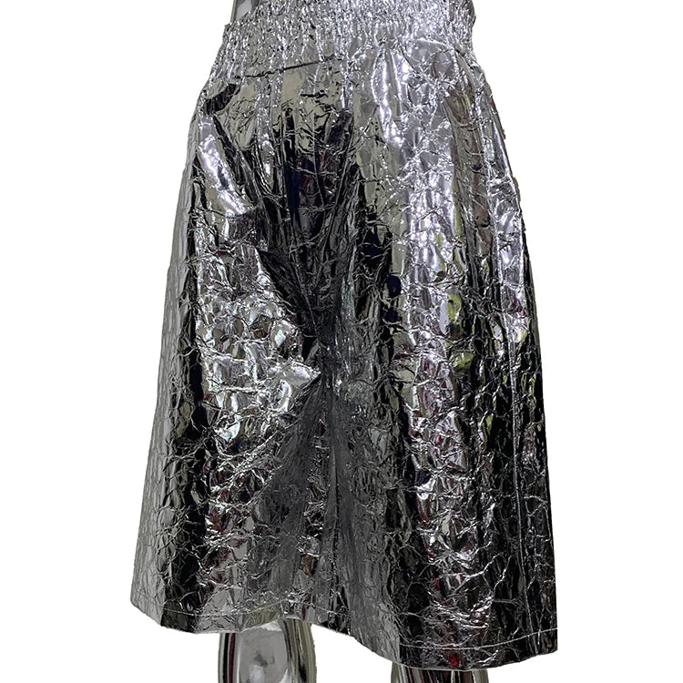 Lautaro Summer Autumn Shiny Silver Faux Leather Shorts for Men with High Elastic Waist Y2K Streetwear Emo European Clothes 2025