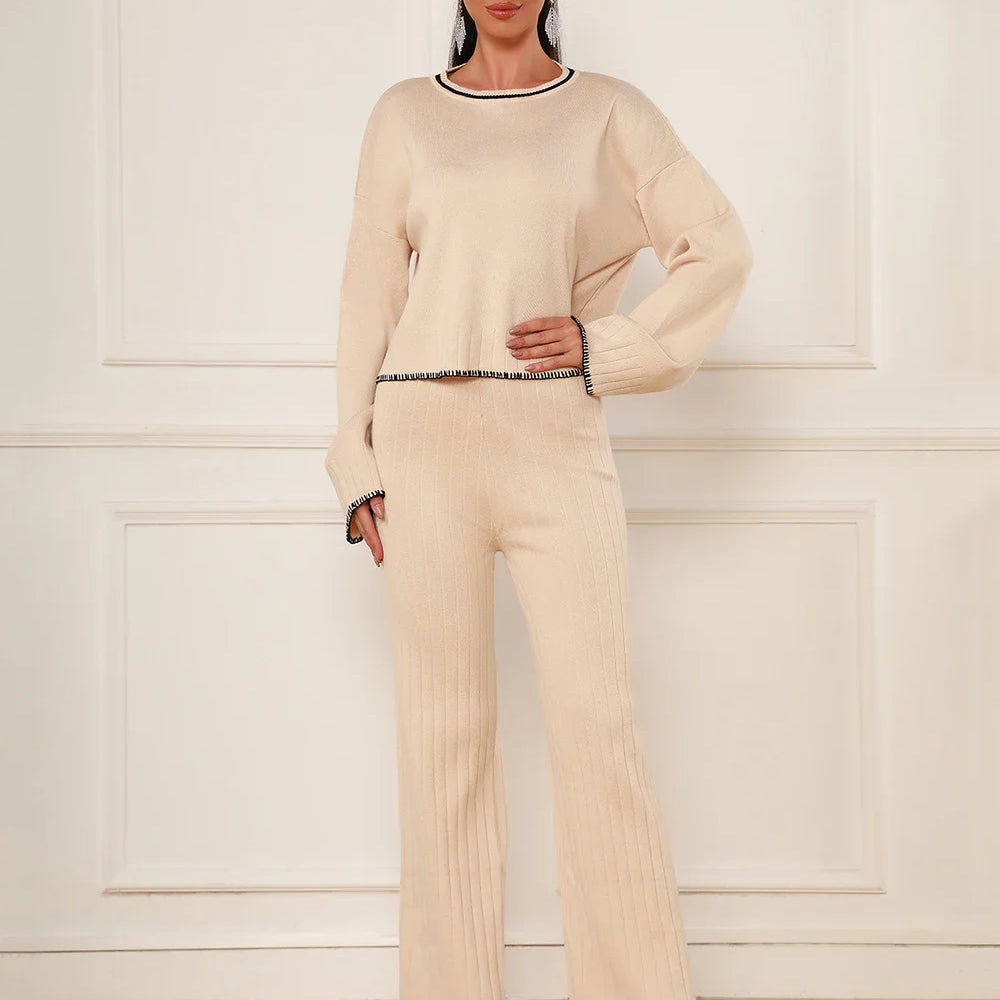 2025 Spring Casual Women's Knitted Pants Set O-neck Long Sleeve Hoodie Loose Knitted Shirt+Straight Pants Two Piece Set