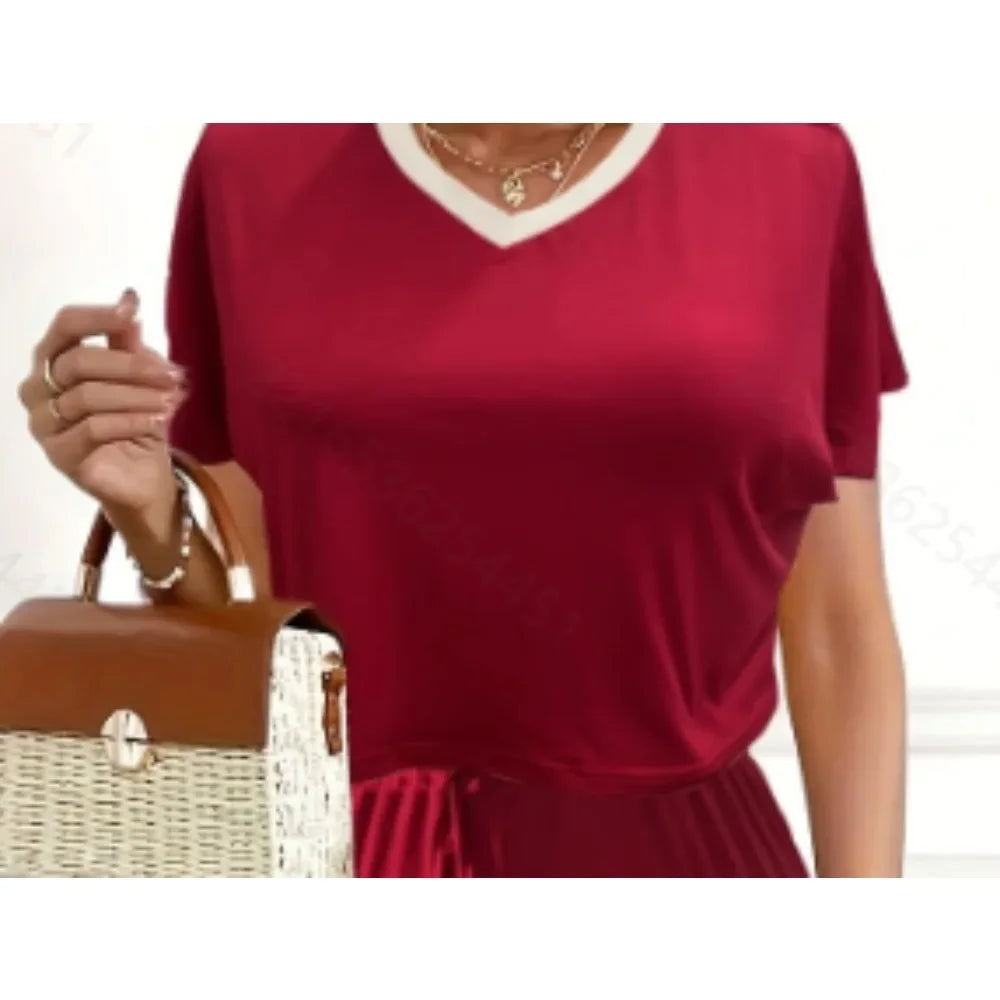 Plus Size Casual V Neck Short Sleeve High Low Hem Tee & Drawstring Pant Outfits Two Piece Set