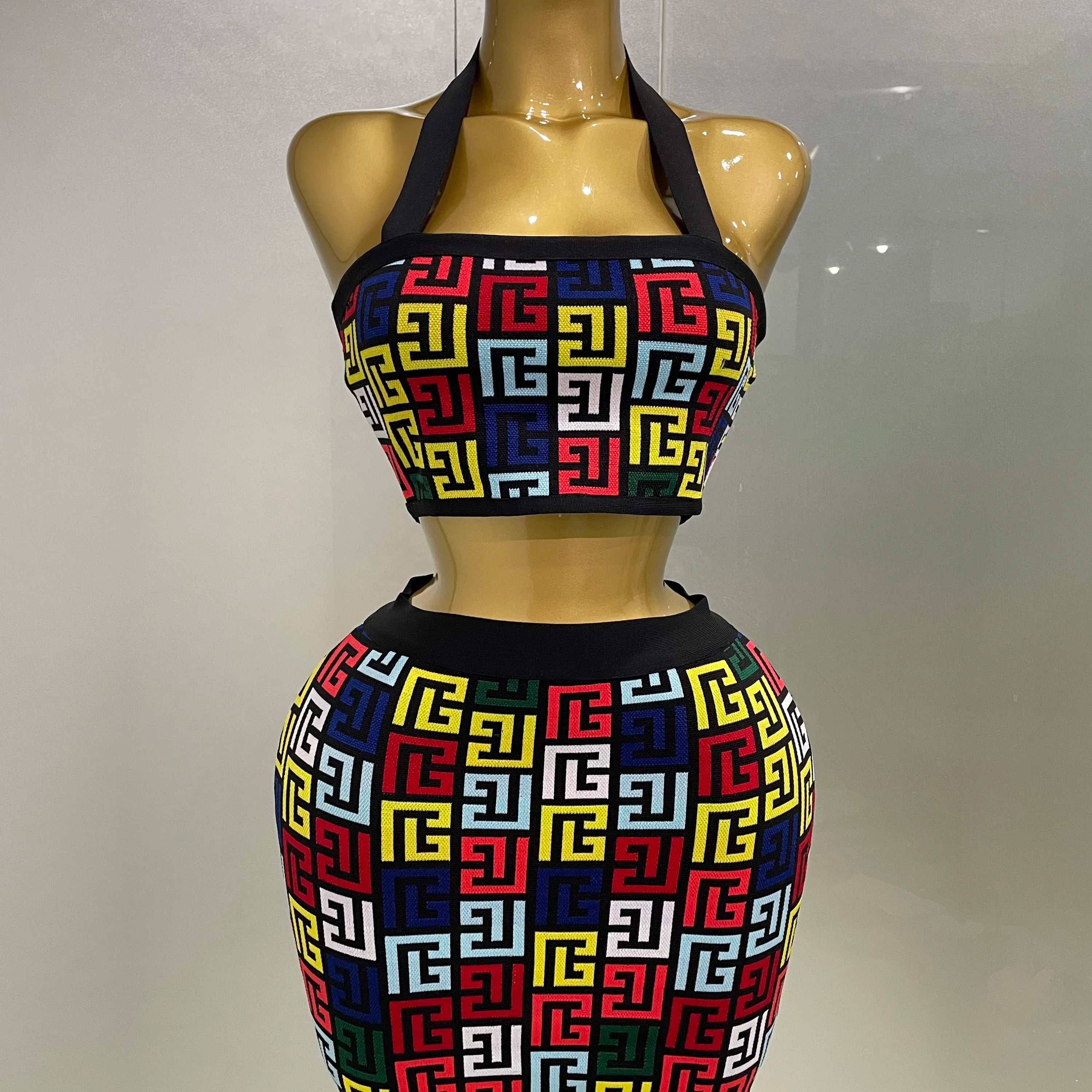 Women 2025 New Sexy Backless Halter Jacquard Two Piece Mini Skirt Bandage Set Celebrity Designer Evening Party Women's Set MULTI