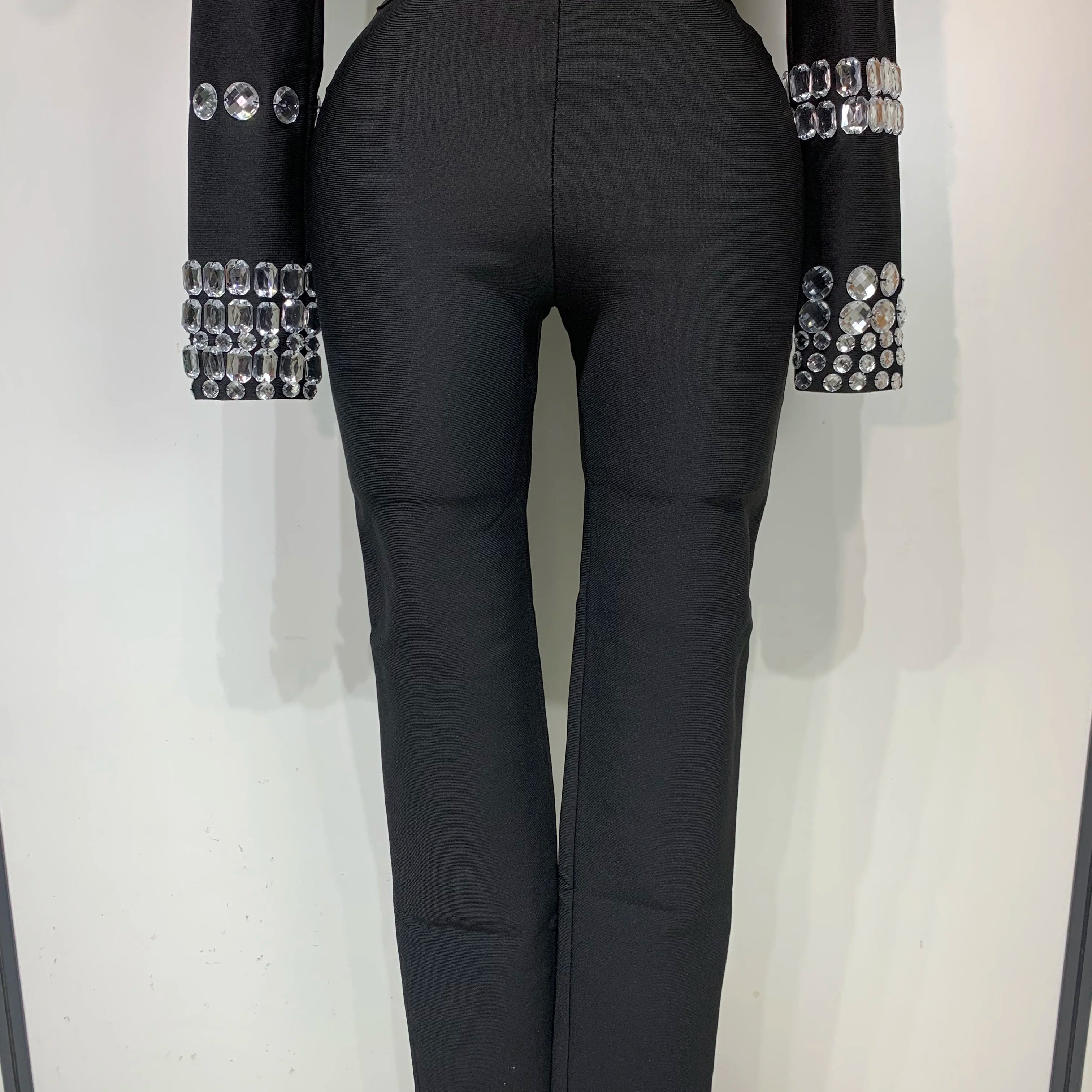 Women Celebrity Sexy Long Sleeve Beading Black Bodycon Bandage Three Piece Set Elegant Evening Club Party Birthday Outfits