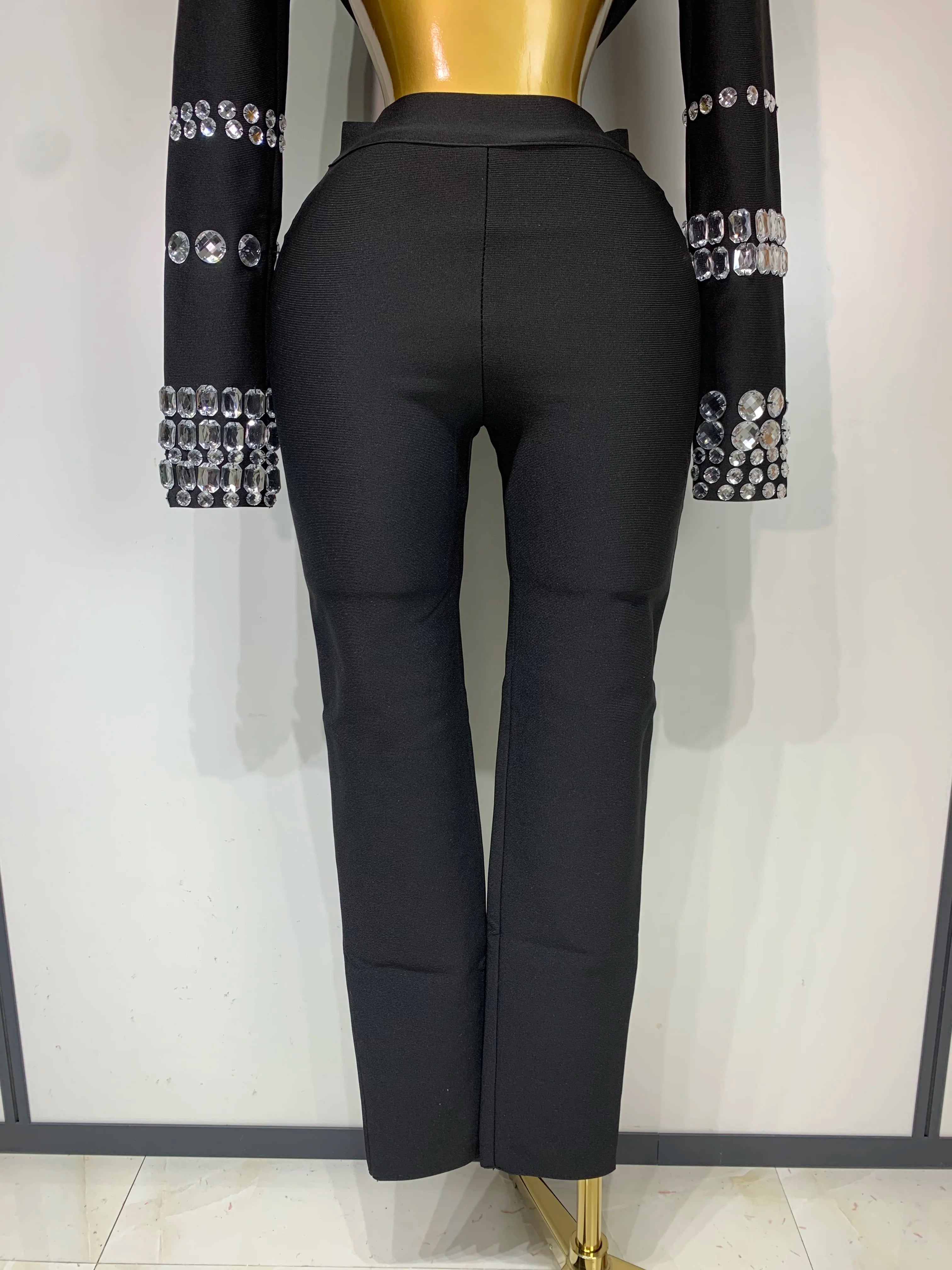 Women Celebrity Sexy Long Sleeve Beading Black Bodycon Bandage Three Piece Set Elegant Evening Club Party Birthday Outfits