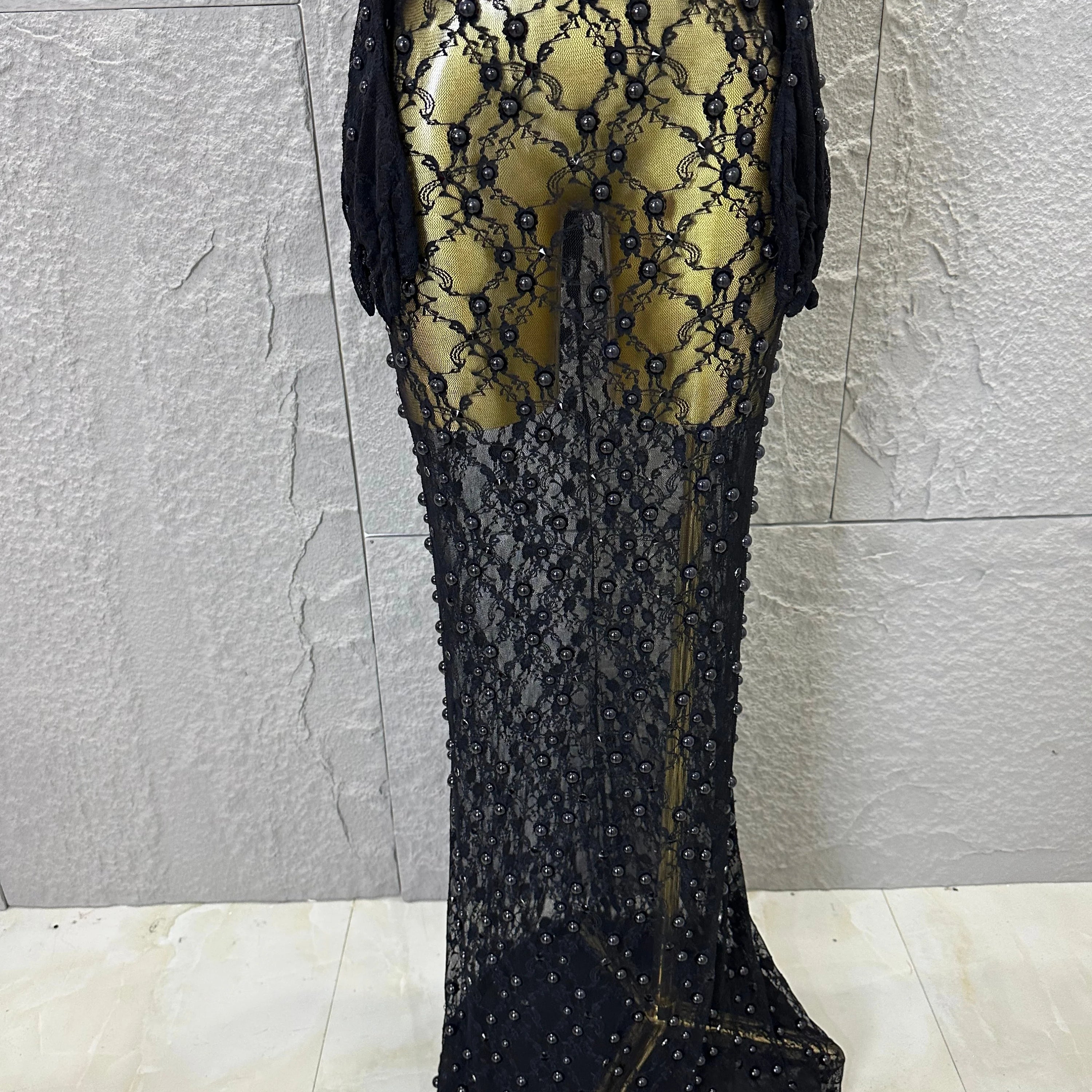 Black Opulent Halter Neck Maxi Sheer Mesh Beaded Lace Dress Form-Fitting Outfit Nightclub Party Evening Gala Costume