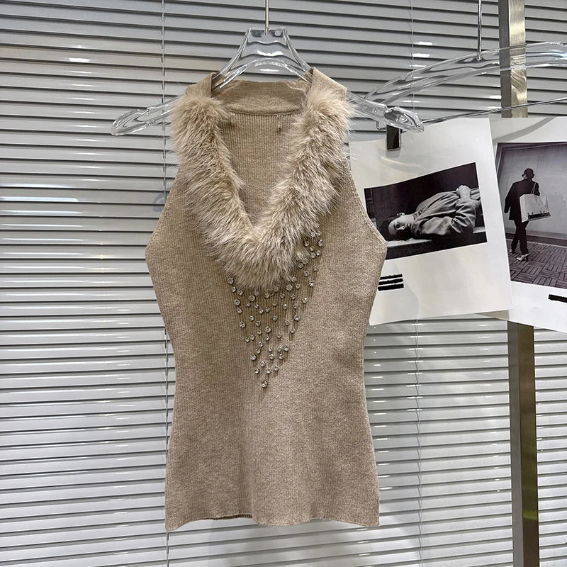 Winter New Fashion V-neck Furry Collar Rhinestone Design Knitted Vest Camisole For Women Slim Fit Tank Top 11A07754