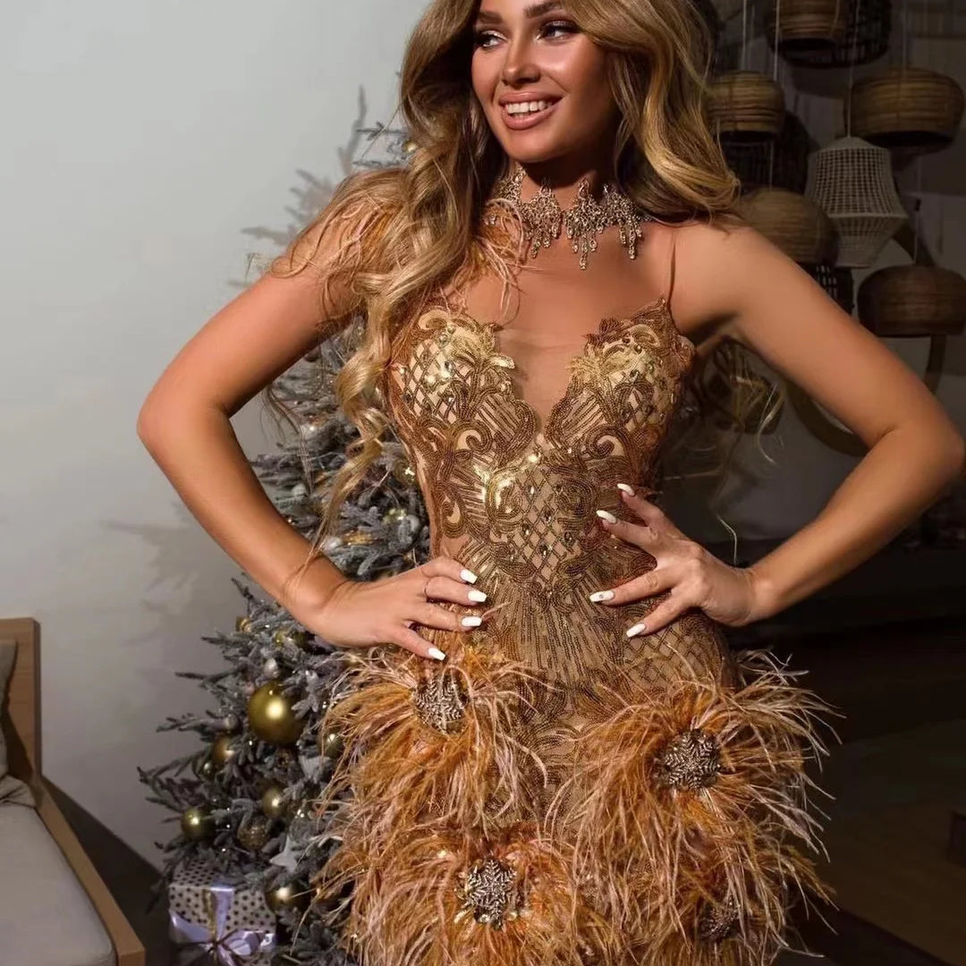 Gold Feathers Sleeveless Bodycon Dress Elegant Evening Party Dress Vestidos Gold