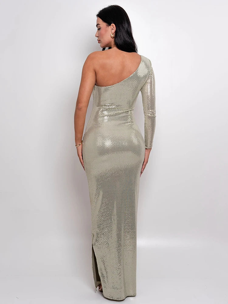 Glitter Skew Collar Backless Sexy Maxi Dress For Women Gown Sparkle Rose One Shoulder Bodycon Evening Long Dress