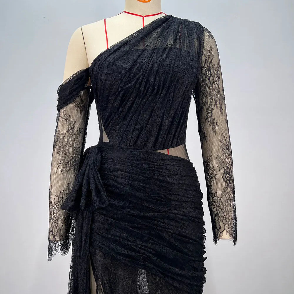 2025 Women's Light Luxury Lace Maxi Dress Diagonal Collar Lace Long Sleeve Bodycon Draped Split Sexy Long Dresses Party Vestidos