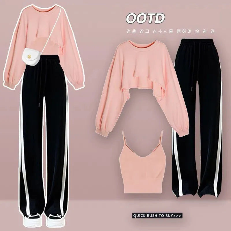 Women's Spring Autumn Sportswear Suit Korean Elegant Fashion Sports Long Sleeved Shirt+Suspenders+Wide Leg Pants Three Piece Set Set 01