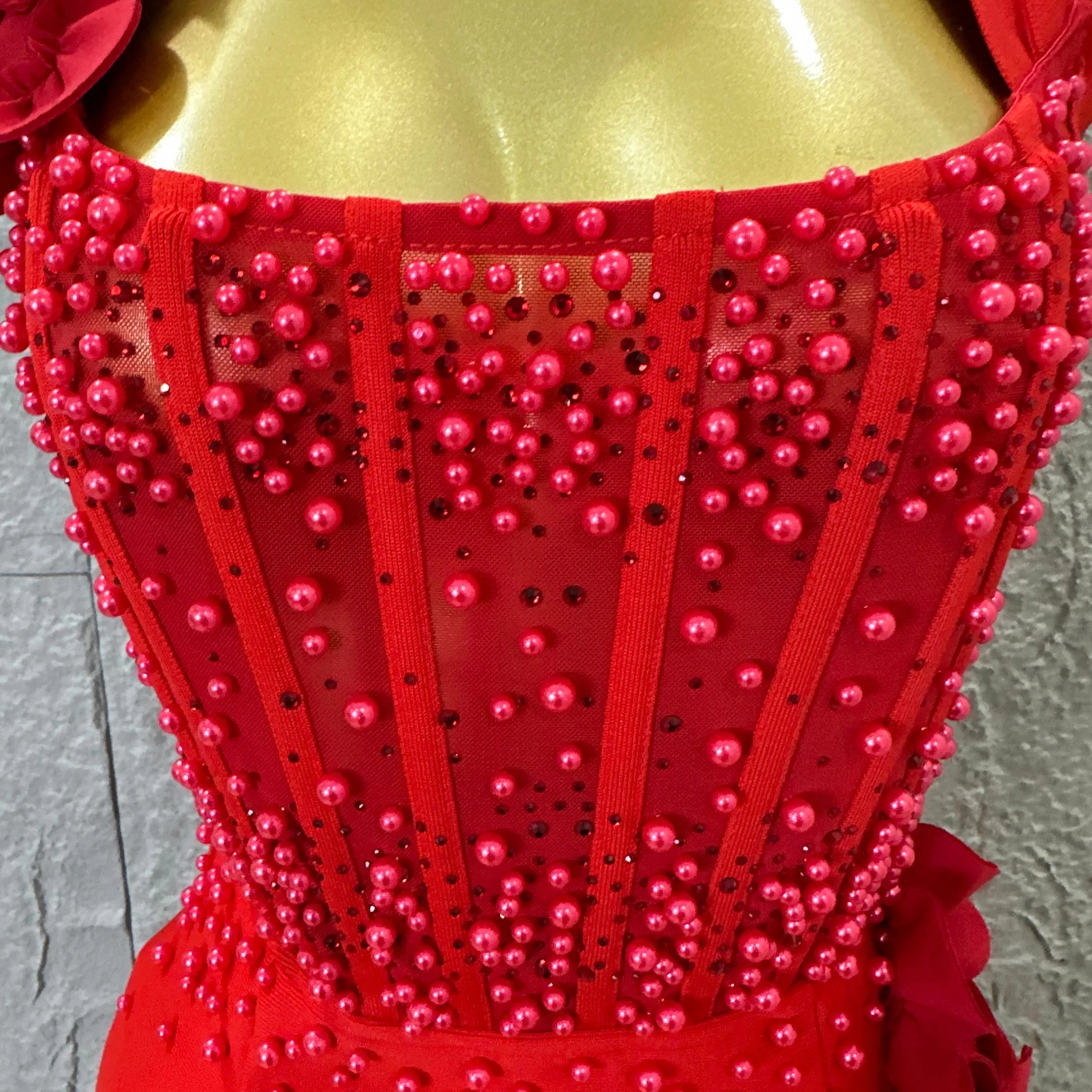 Women Sexy Sheer Mesh Corset Beaded 3D Floral Applique Form-Fitting Outfit Formal Event Party Costum Red Square Neck Maxi Dress