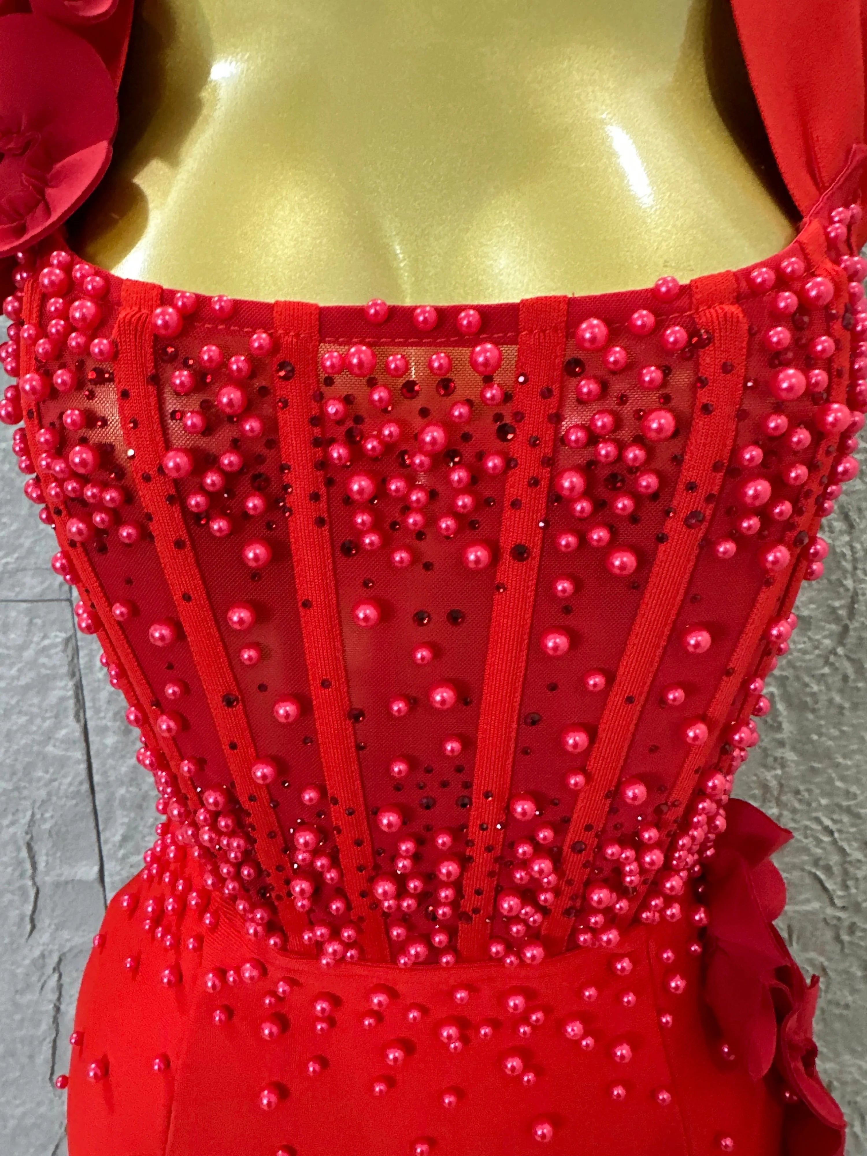 Women Sexy Sheer Mesh Corset Beaded 3D Floral Applique Form-Fitting Outfit Formal Event Party Costum Red Square Neck Maxi Dress
