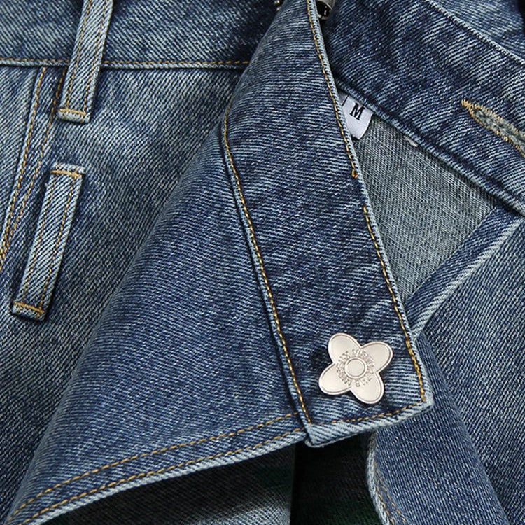 DEAT Fashion Women's Denim Skirt Double-sided Irregular Print Washed Zip Spliced Mid-calf Cotton Skirts Autumn New 7AB224