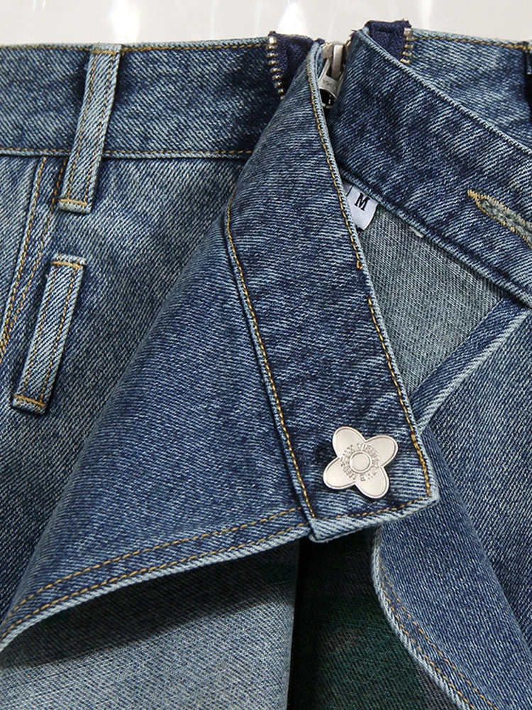 DEAT Fashion Women's Denim Skirt Double-sided Irregular Print Washed Zip Spliced Mid-calf Cotton Skirts Autumn New 7AB224