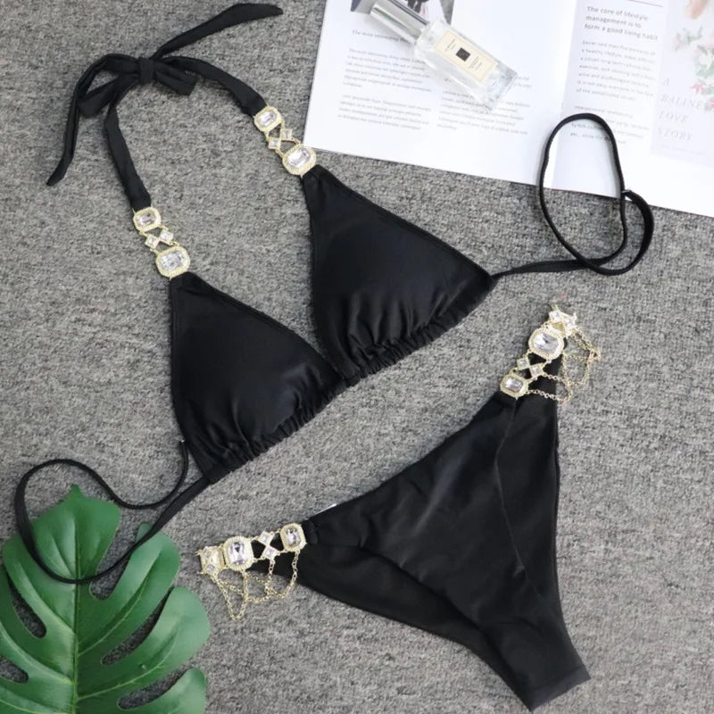 Black Sexy Bikinis Swimsuit With Rhinestones Women's Swimwear Female Push Up Bikini Beach Swim Wear Bathing Suits Pool Bather