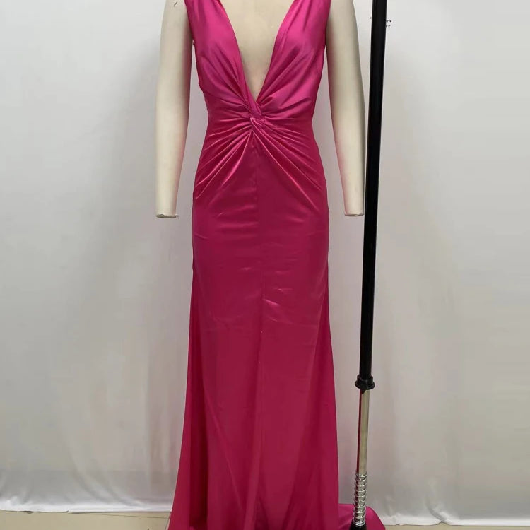 Rosered Color Women Sleeveless Deep V-Neck Satin Long Maxi Dress Celebrate Fashion Evening Party Prom Cocktail Dress Wholesale