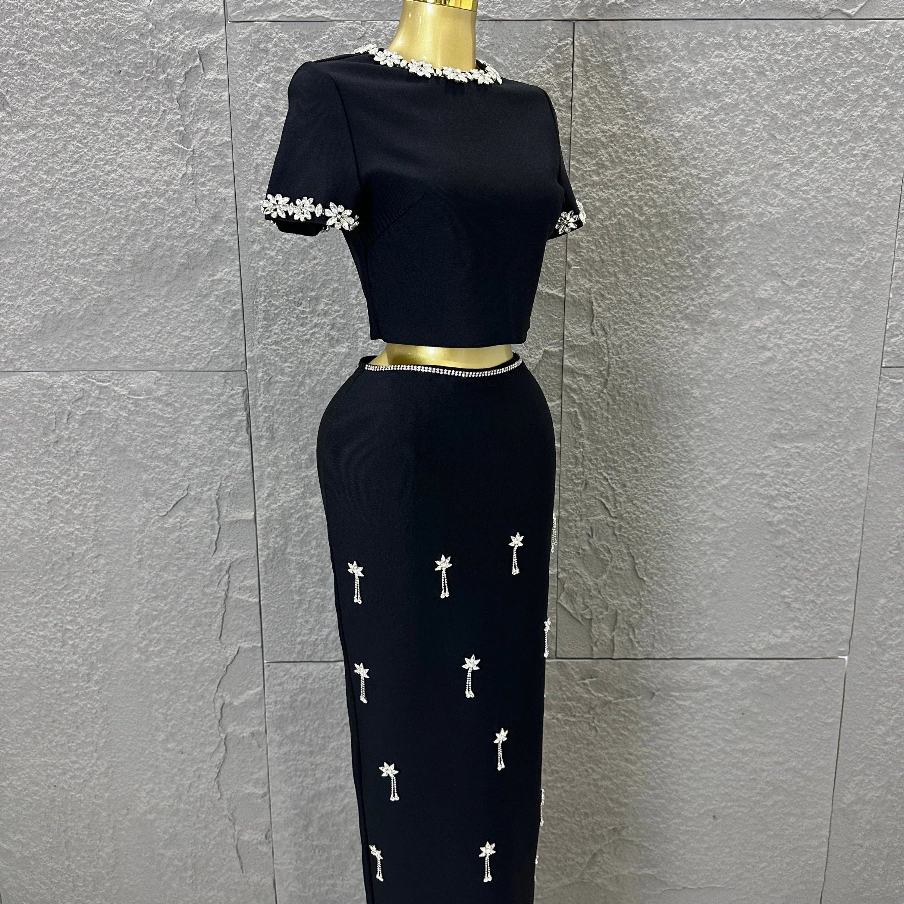 Black White Two Piece Set Women Elegant Short Sleeve Beaded Crop Top High Waist Pencil Midi Skirt Formal Suit