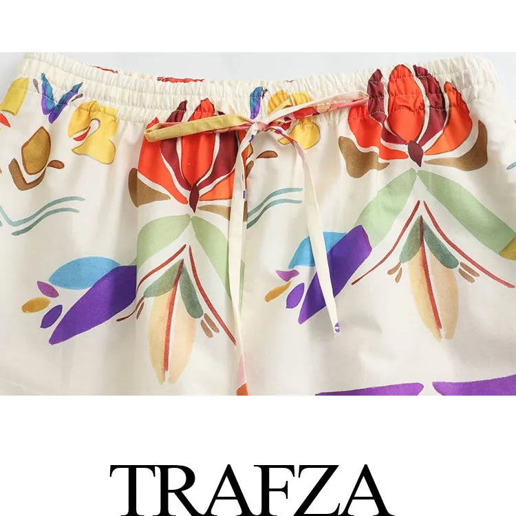 TRAFZA Women New Fashion Suit Print Turn-Down Collar Long Sleeves Buttons Single Breasted Shirts+Elastic Wais Wide Leg Pants