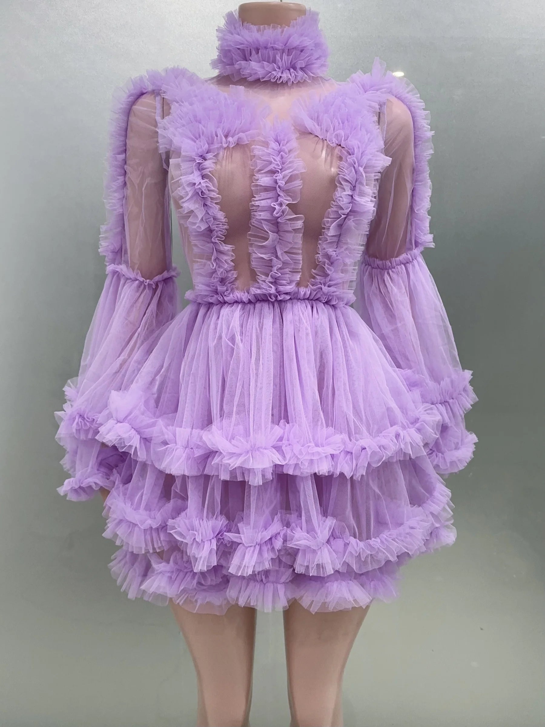 Purple Color Women Sexy Puff Sleeve Mesh Ruffles Mini Dress Birthday Celebrate Party Girls' Photo Shoot Wear Vestido Lavender