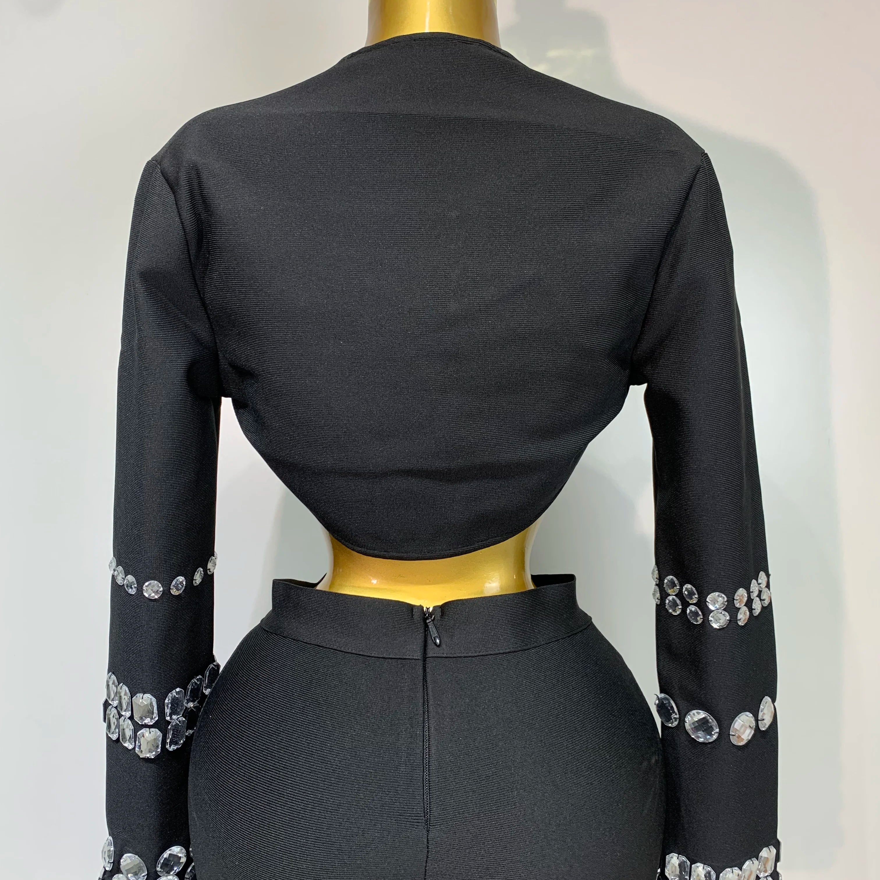 Women Celebrity Sexy Long Sleeve Beading Black Bodycon Bandage Three Piece Set Elegant Evening Club Party Birthday Outfits