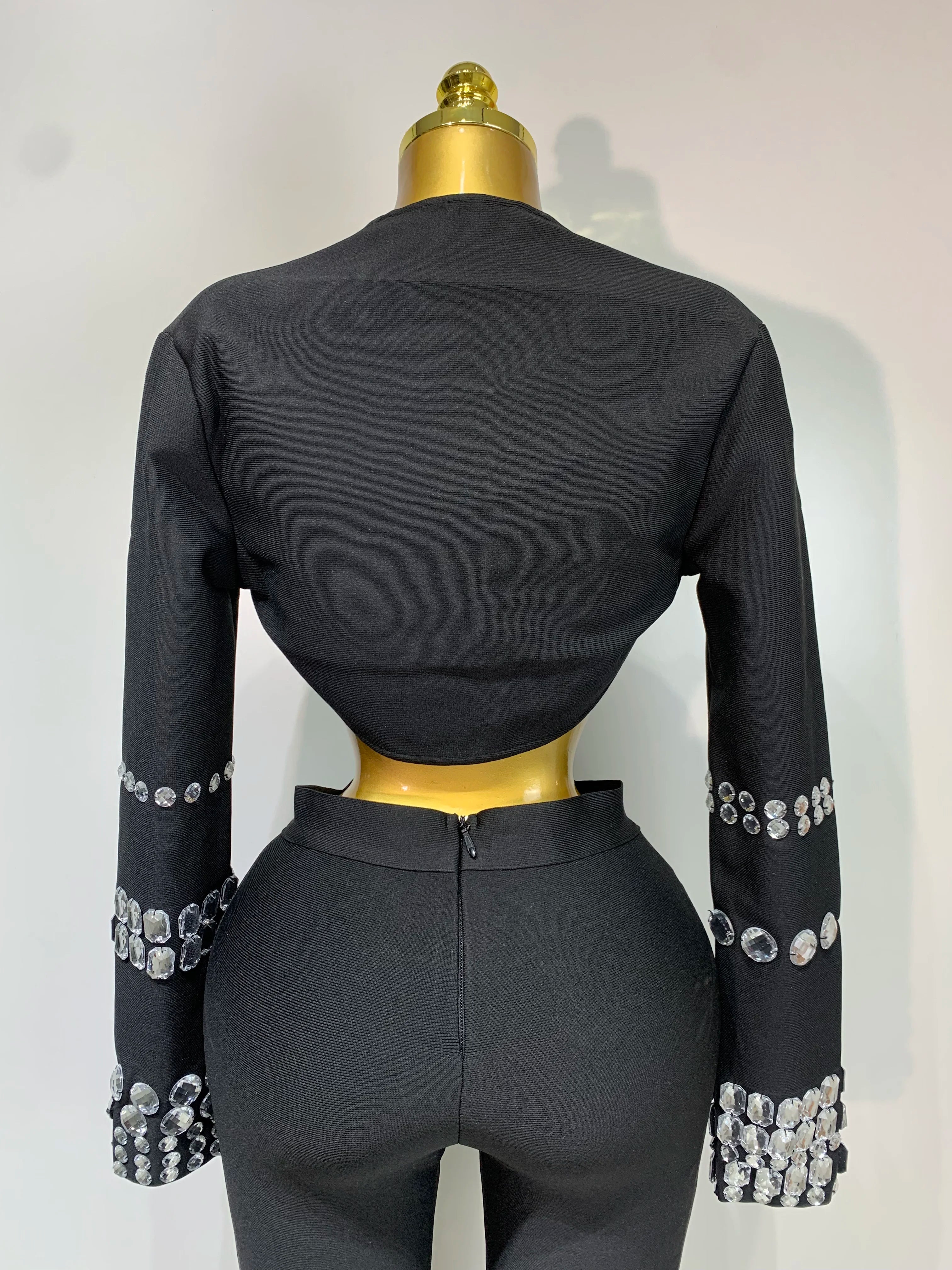 Women Celebrity Sexy Long Sleeve Beading Black Bodycon Bandage Three Piece Set Elegant Evening Club Party Birthday Outfits