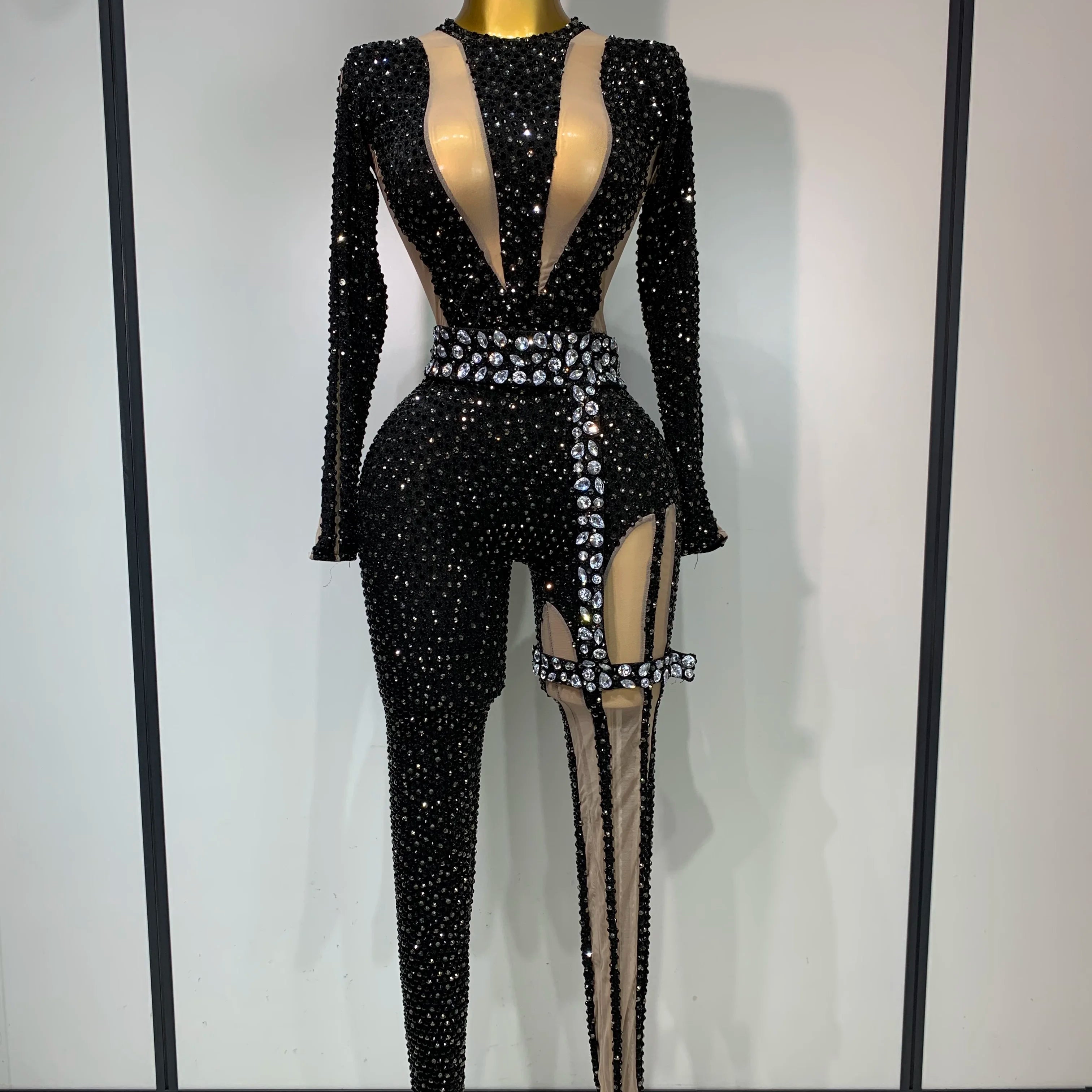 Sexy Sparkly Diamond Black Long Sleeves Bodycon Mesh Jumpsuit Evening Party Nightclub Bar Singer Performance Stage Costume black