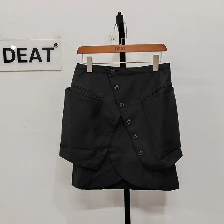 DEAT Fashion Women's Skirt Deconstruct Irregular Diagonal Buckle Pockets High Waist Mini Skirts Female Autumn New WU004 Deep Blue