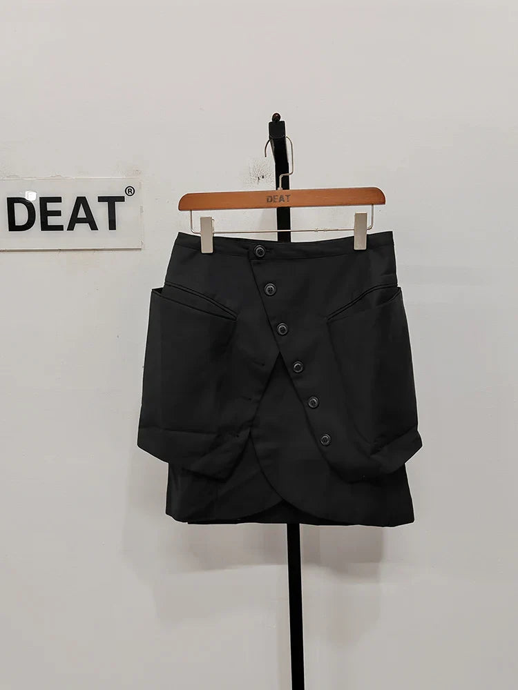 DEAT Fashion Women's Skirt Deconstruct Irregular Diagonal Buckle Pockets High Waist Mini Skirts Female Autumn New WU004 Deep Blue