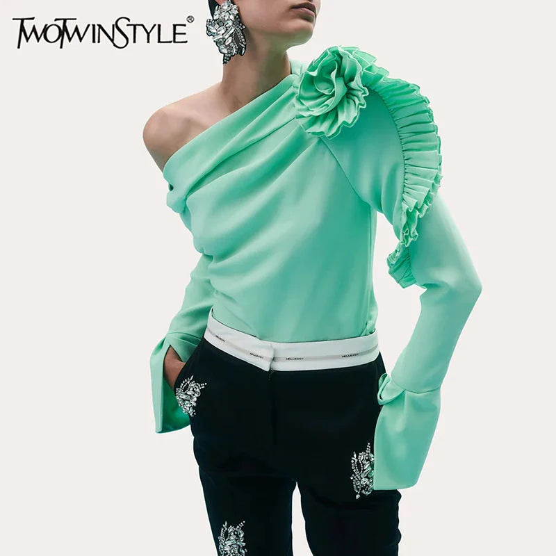 Patchwork Appliques Asymmetrical Blouse For Women Diagonal Collar Long Sleeve Solid Pullover Shirts Female Fashion