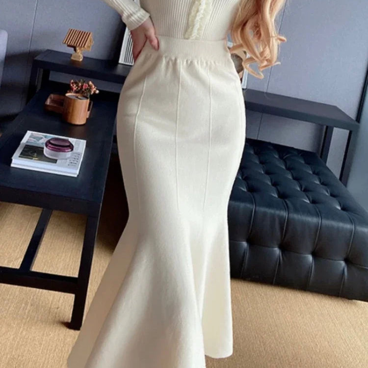 Women's Skirts Autumn Winter Fashion Knitted Long Skirts for Women Green Vintage Slim Korean Style A-LINE Fishtail Skirt