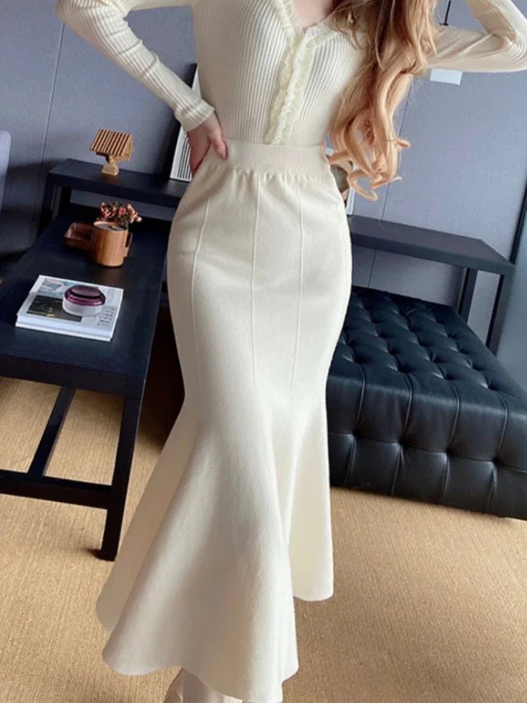 Women's Skirts Autumn Winter Fashion Knitted Long Skirts for Women Green Vintage Slim Korean Style A-LINE Fishtail Skirt