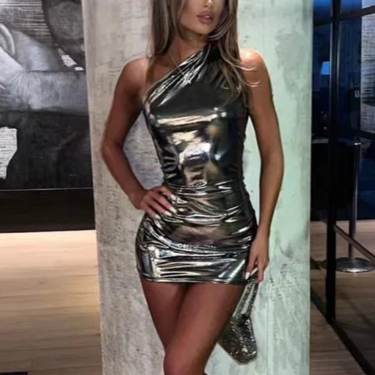 TARUXY Silver PU Mini Dress Womens Bodycon Sexy Sleeveless High Waisted Sheath Dresses Party Fashion Slim Dress Women New