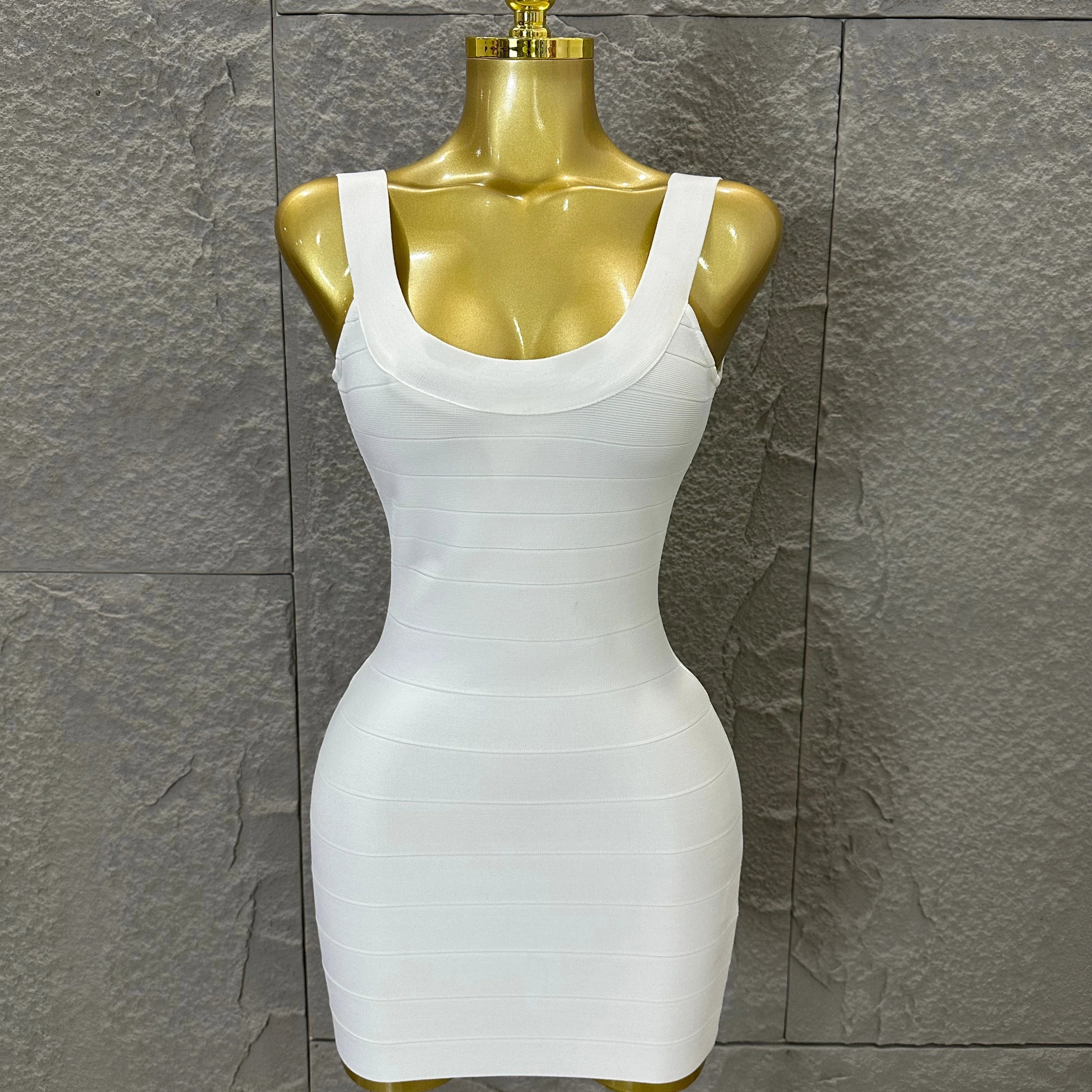 Elegant White Bandage Mini Dress Women Sexy Scoop Neck Sleeveless Bodycon Evening Party Cocktail Party Costume Ivory