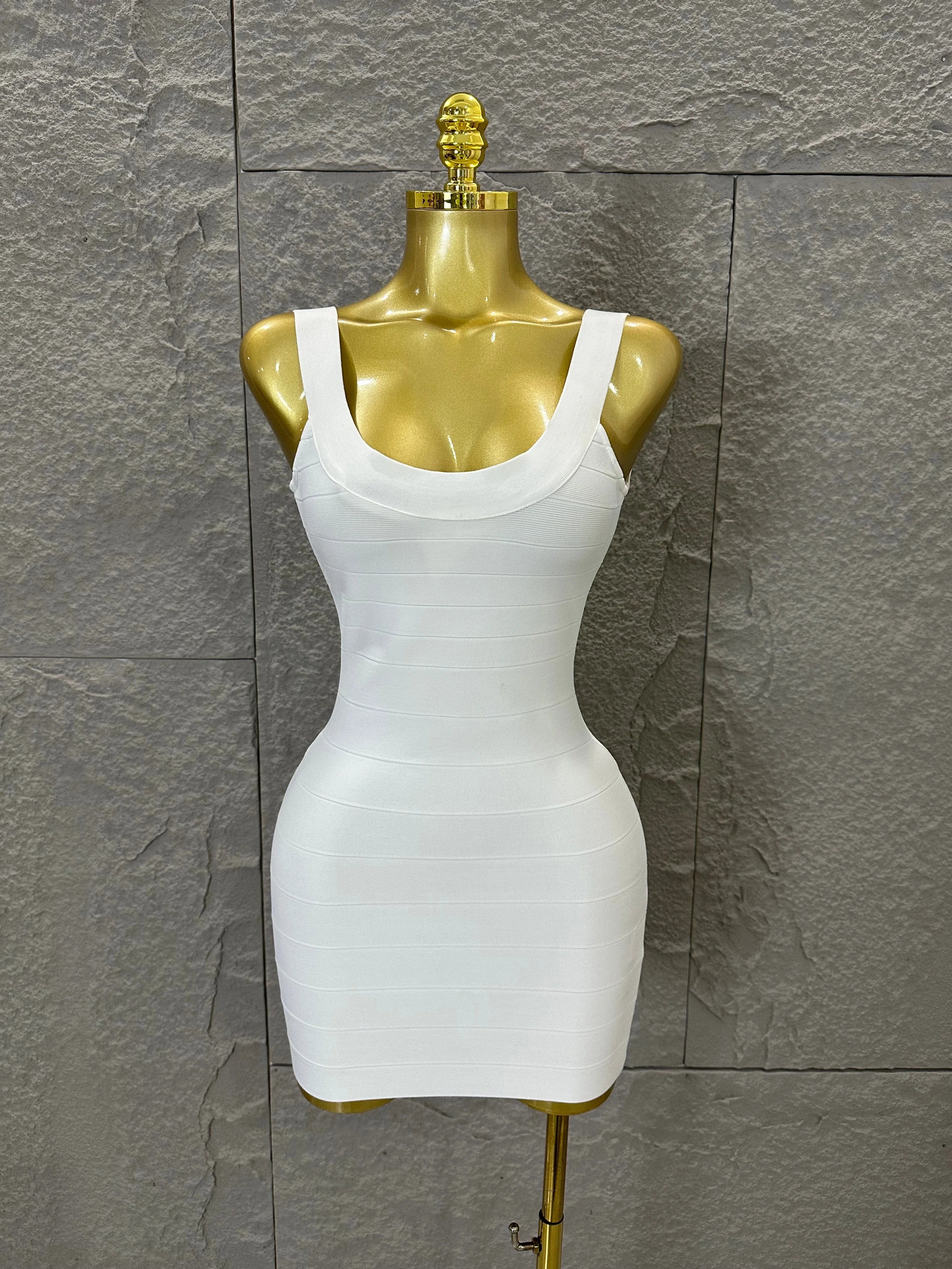 Elegant White Bandage Mini Dress Women Sexy Scoop Neck Sleeveless Bodycon Evening Party Cocktail Party Costume Ivory