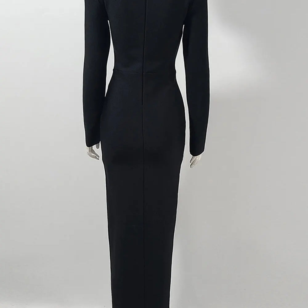 2024 Sexy Women Heavy Industry Chain Drawstring Bandage Dress O-neck Long Sleeve Bodycon Midi Split Dress Evening Party Vestidos