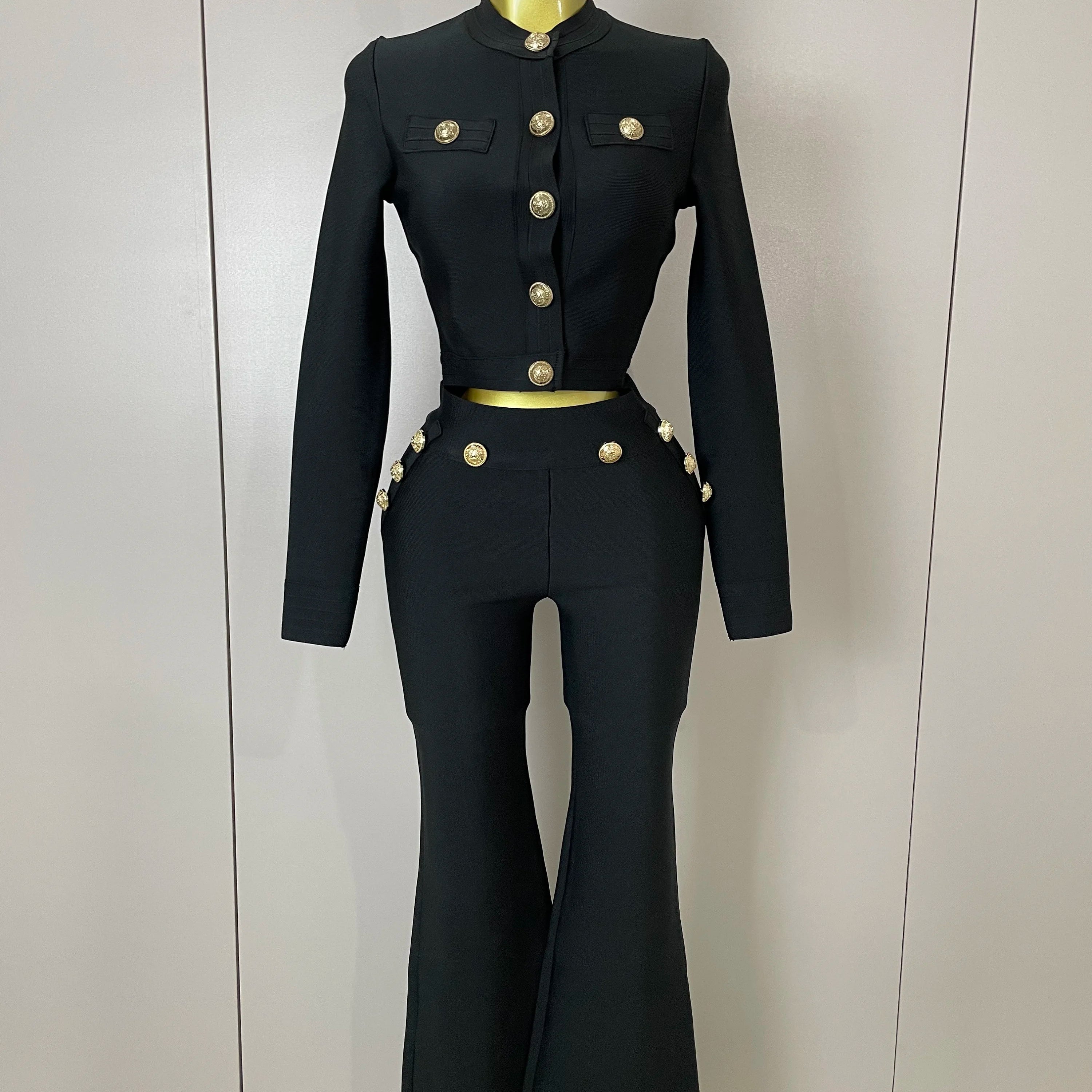 2025 New Golden Buttons Short Coat Top And Flare Pants Bandage 2 Pieces Set Woman Celebrity Evening Party Vestidos black