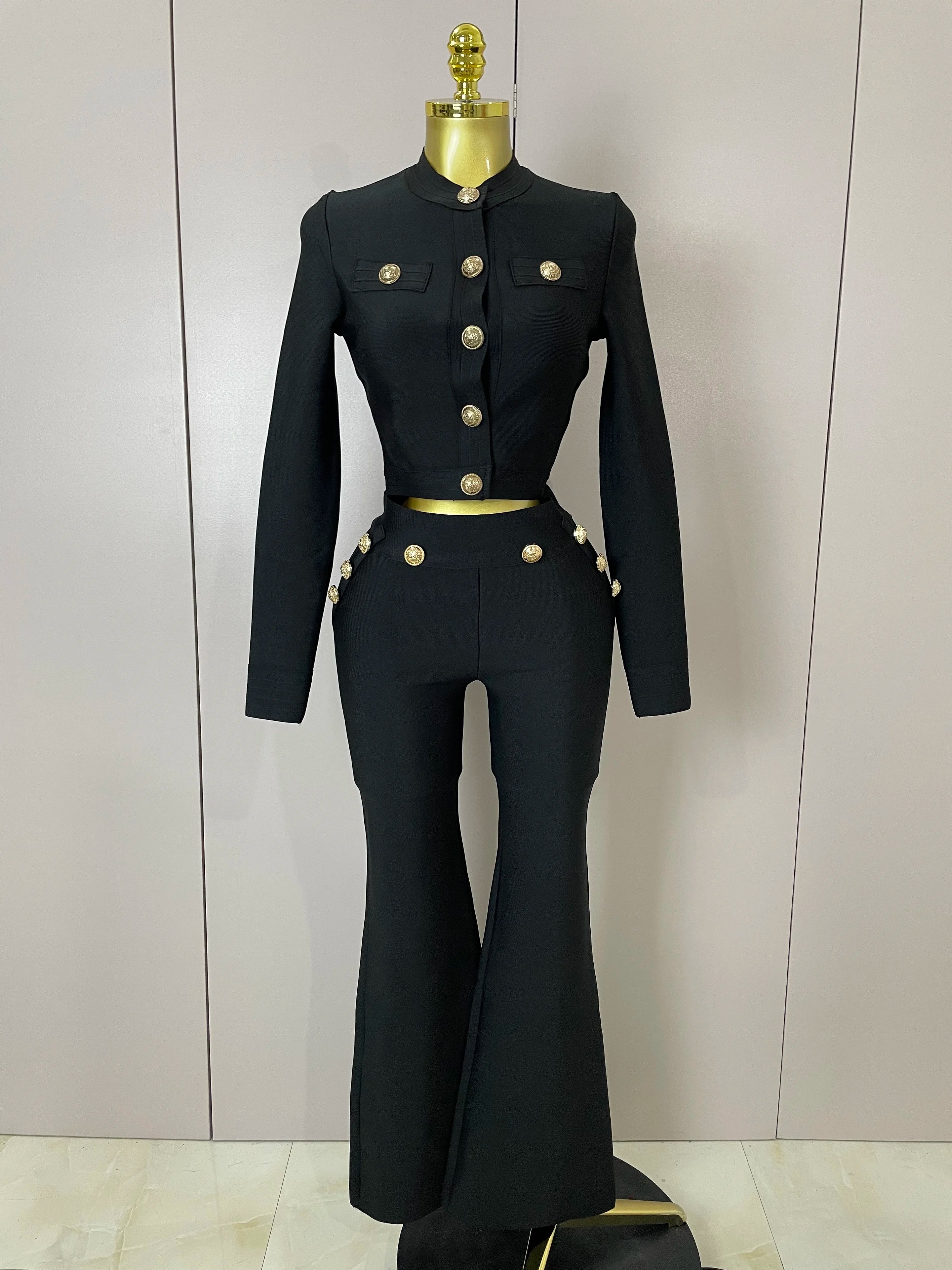 2025 New Golden Buttons Short Coat Top And Flare Pants Bandage 2 Pieces Set Woman Celebrity Evening Party Vestidos black