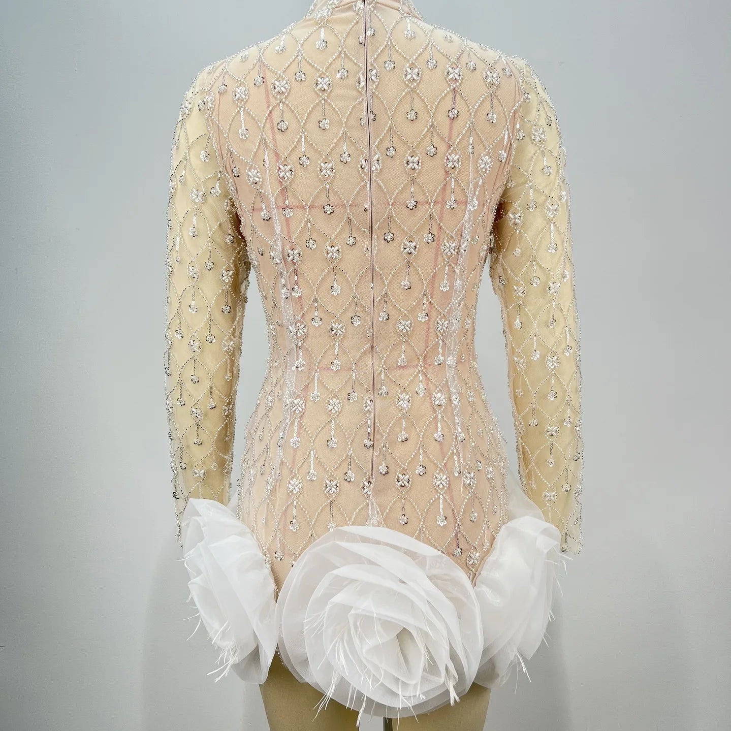 Luxury Exquisite Beading White Flowers Sexy See Through Mini Evening Dress Woman Birthday Party Dress Performances Costume