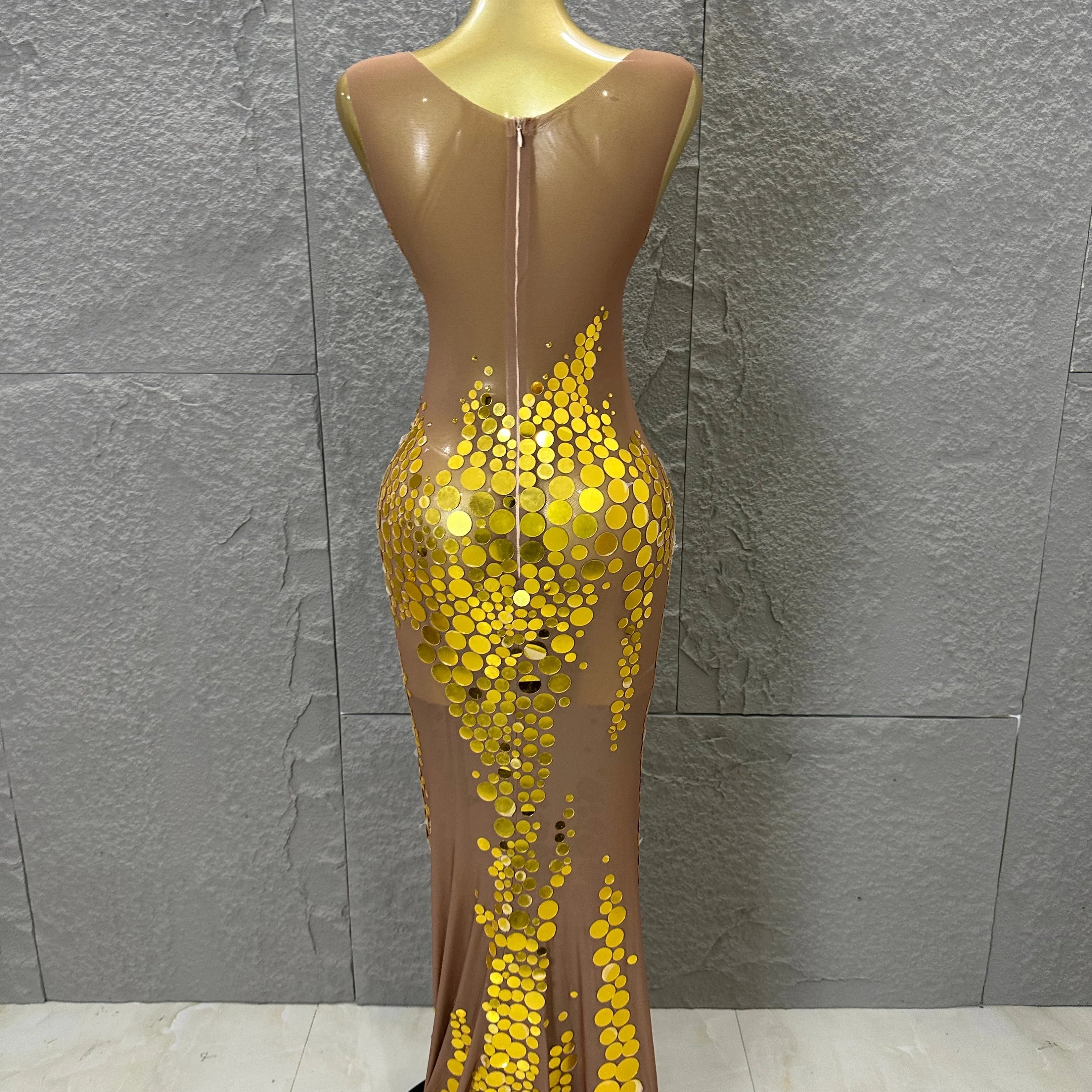 Opulent Nude Sleeveless Women Gold Sequin Dot Embellished Bodycon Stage Performance Costume Formal Event Party Costume