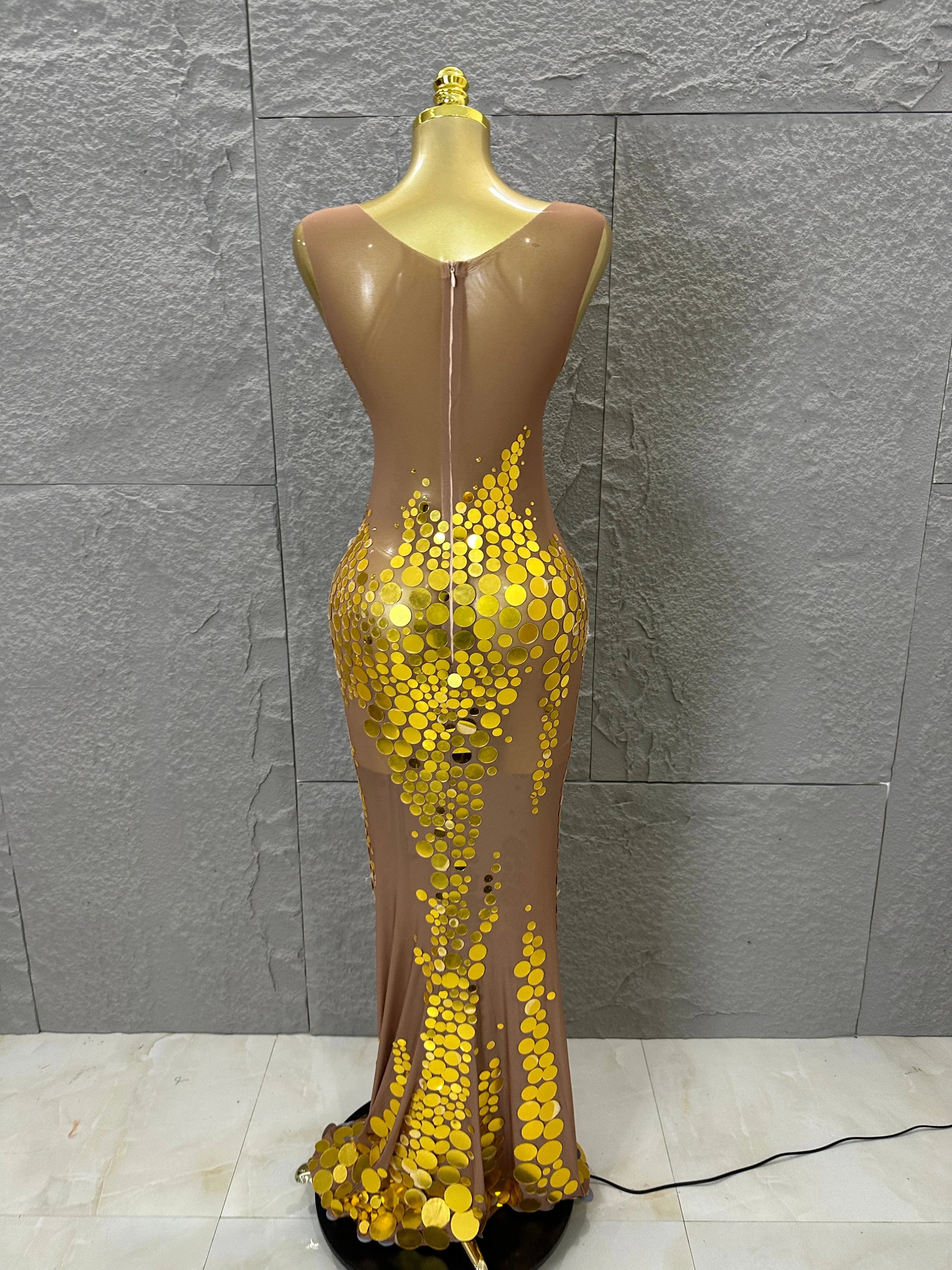 Opulent Nude Sleeveless Women Gold Sequin Dot Embellished Bodycon Stage Performance Costume Formal Event Party Costume