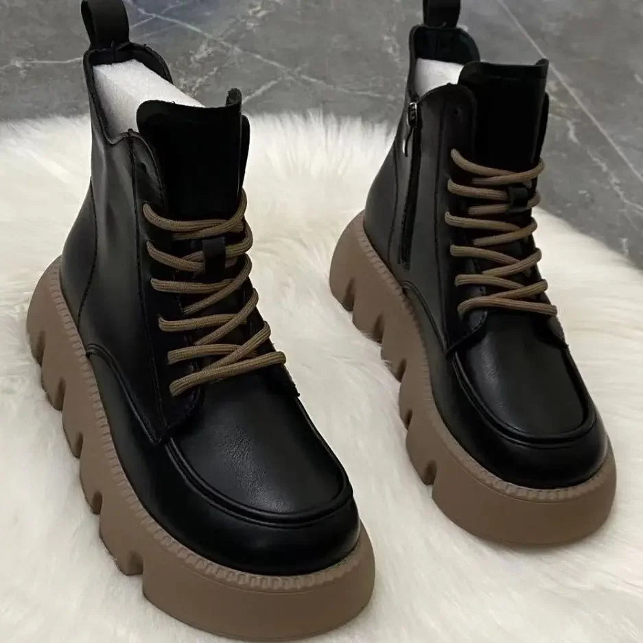 Platform Short Shoes for Women with Laces Footwear Punk Booties Black Combat Lace-up Female Ankle Boots Round Toe Leather Boot khaki