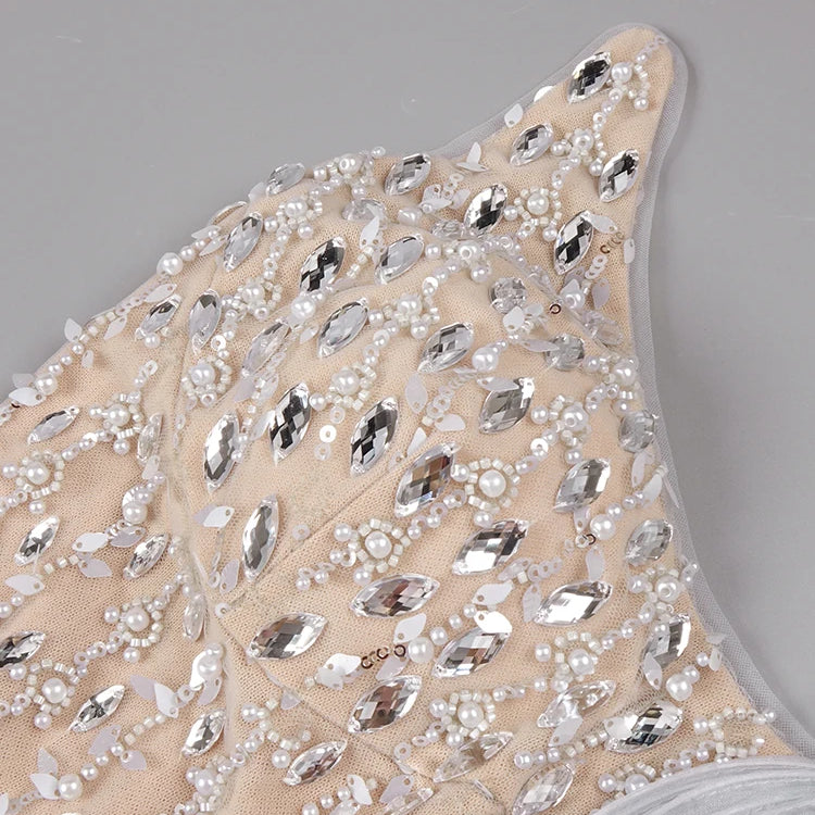 Elegant Beige Strapless Sleeveless Beaded Mesh Floral Details Dress for Fashion Event Gown