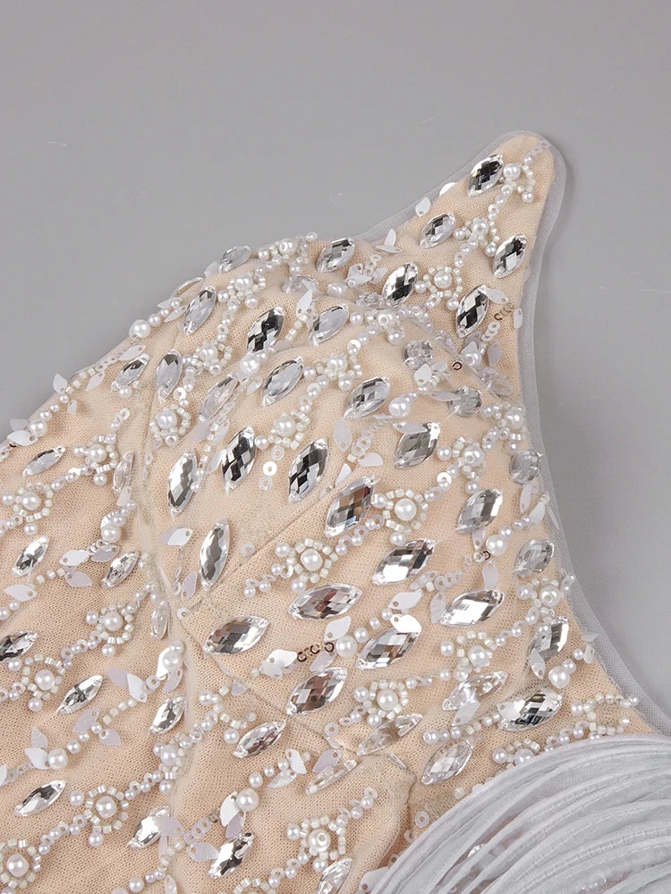 Elegant Beige Strapless Sleeveless Beaded Mesh Floral Details Dress for Fashion Event Gown