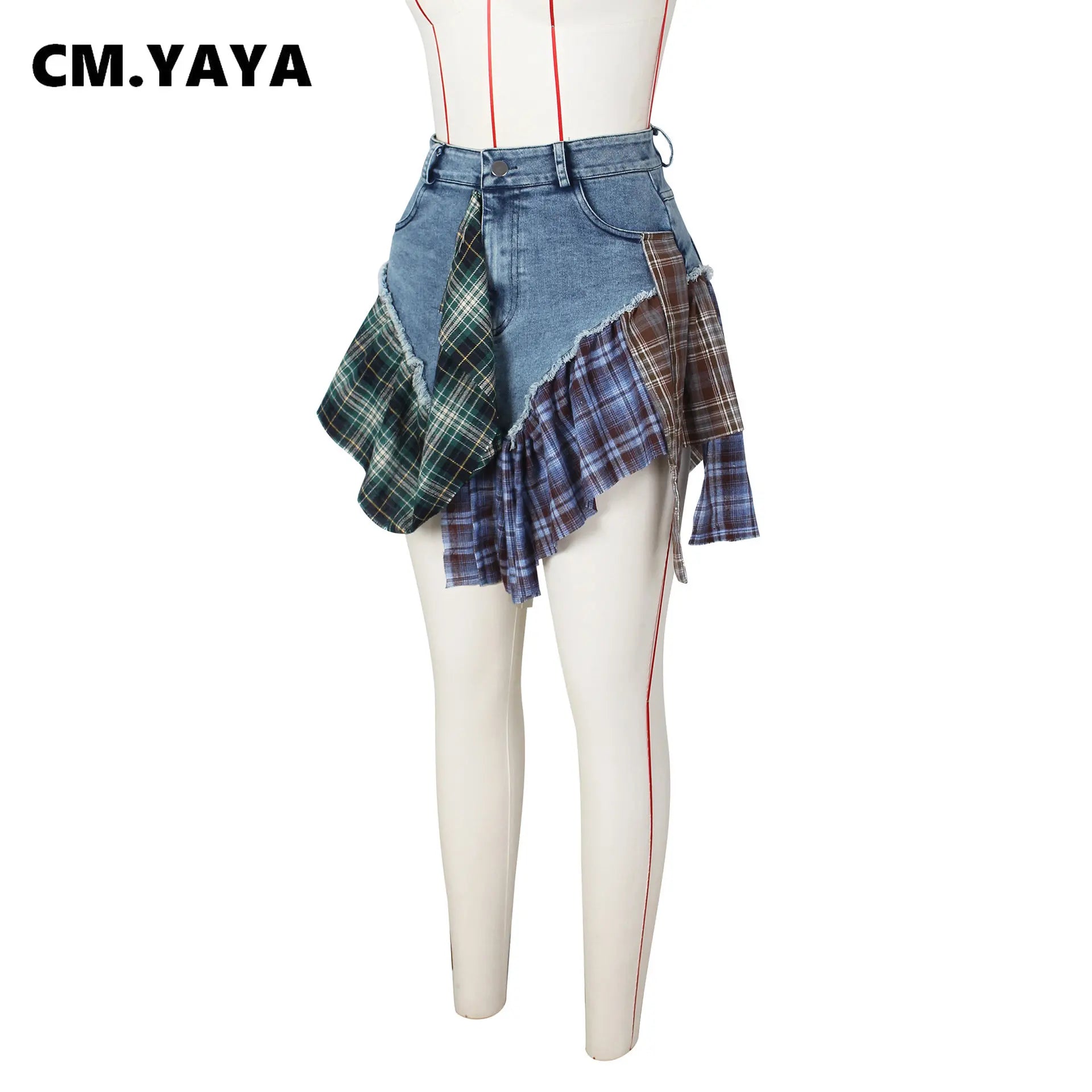 Women Fashion Plaid Denim Patchwork Streamer Irregular A-line Mini Skirt 2023 Street Female Classic Jeans Cargo Skirts