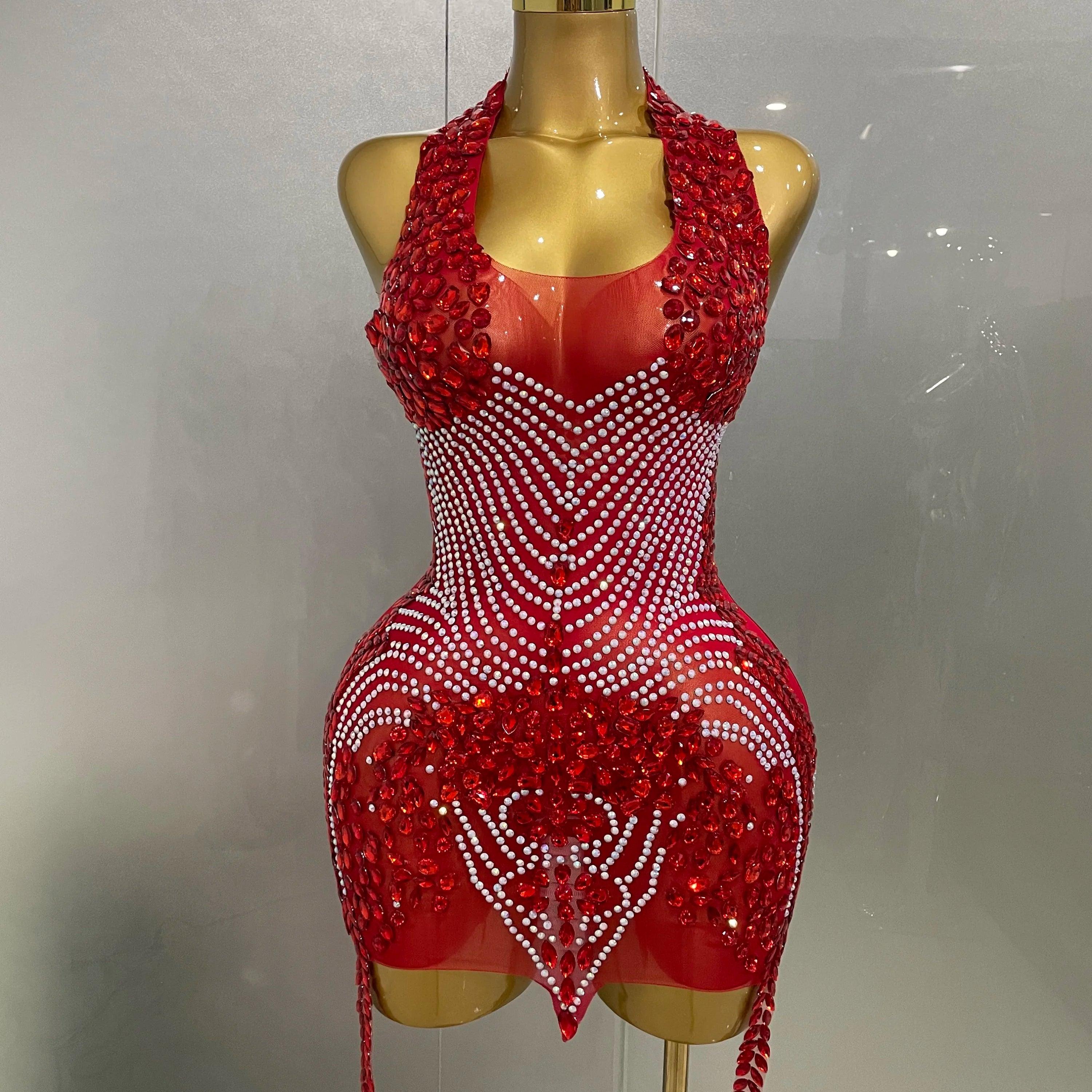 2025 New Sexy Sparkly Rhinestones Halter Backless Mesh Velour Short Dress Women Evening Prom Celebrate Birthday Party Stage Wear Red