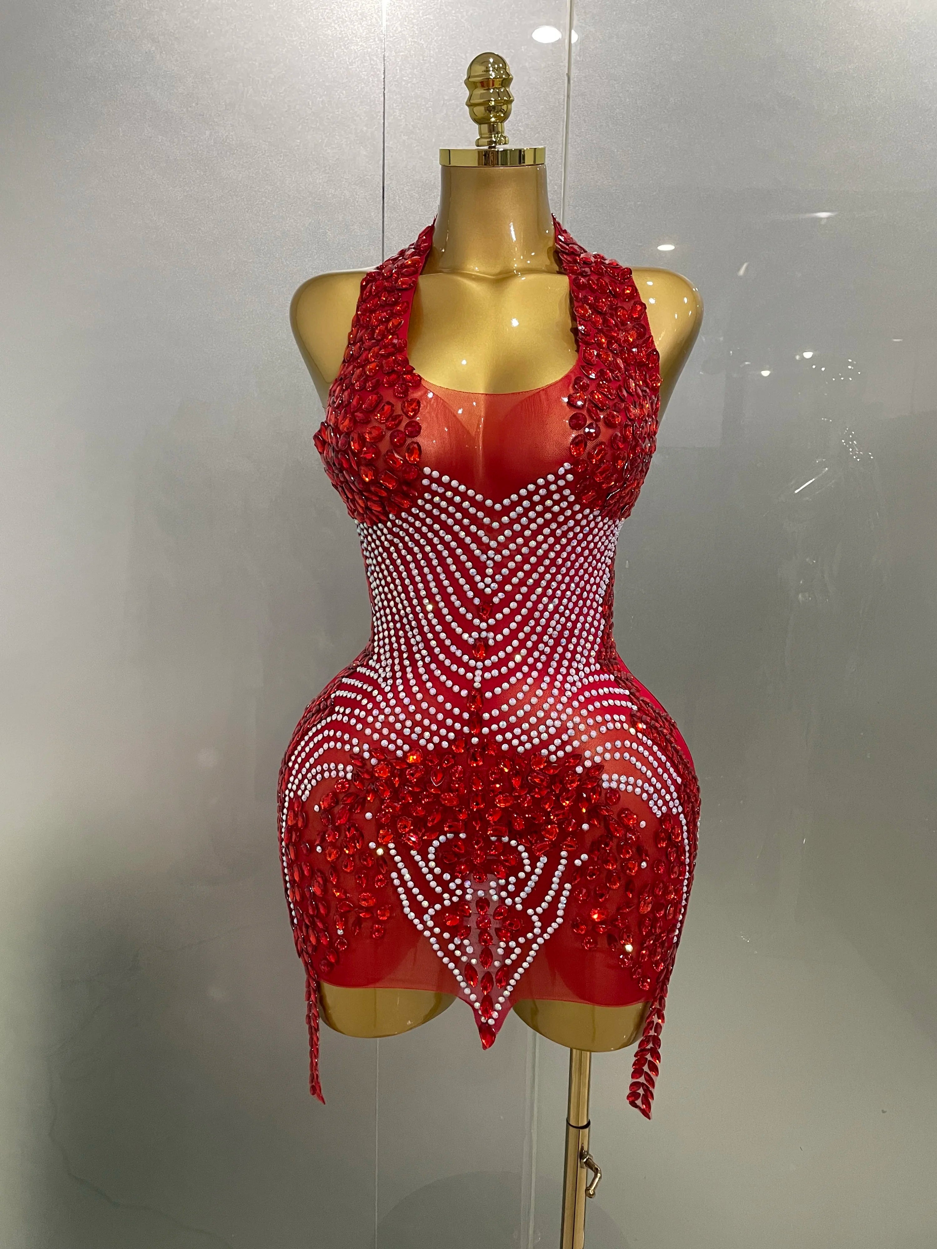 2025 New Sexy Sparkly Rhinestones Halter Backless Mesh Velour Short Dress Women Evening Prom Celebrate Birthday Party Stage Wear Red