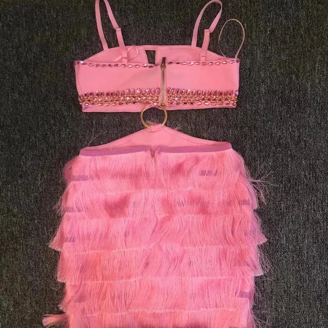 STOCK Stylish Tassel Sexy Hollow Out Spaghetti Strap Mini EvenDress Summer Holiday Vocation Vestido Music festival Outfit Pink