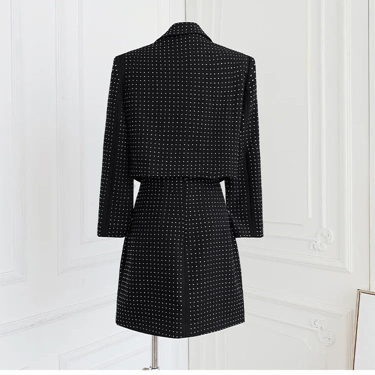 Slimming Spliced Hot Fix Two Piece Sets for Women Lapel Long Sleeves Patchwork Single Breasted Top Skirt Set Female